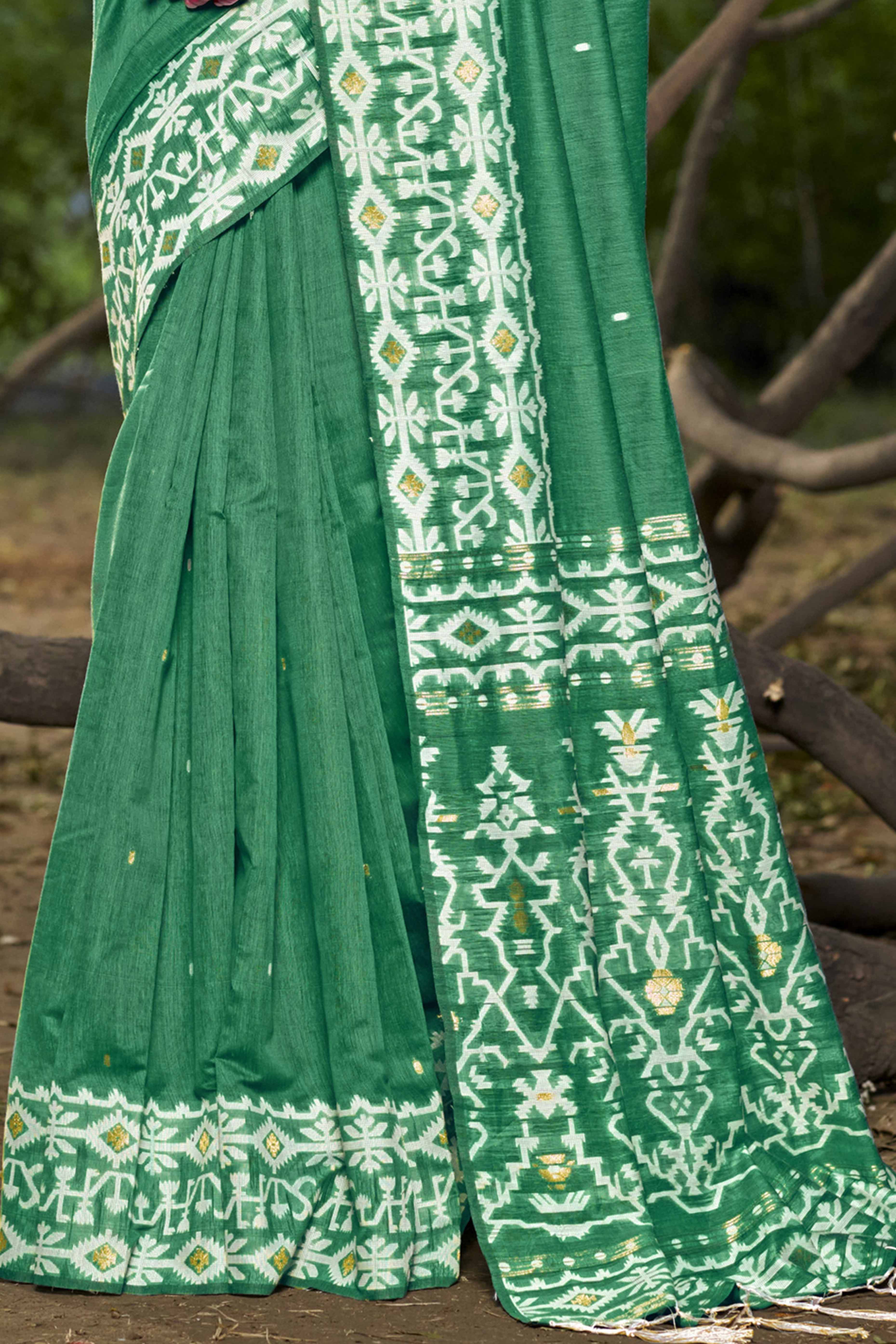 Green Woven Linen Cotton Saree With Tassels