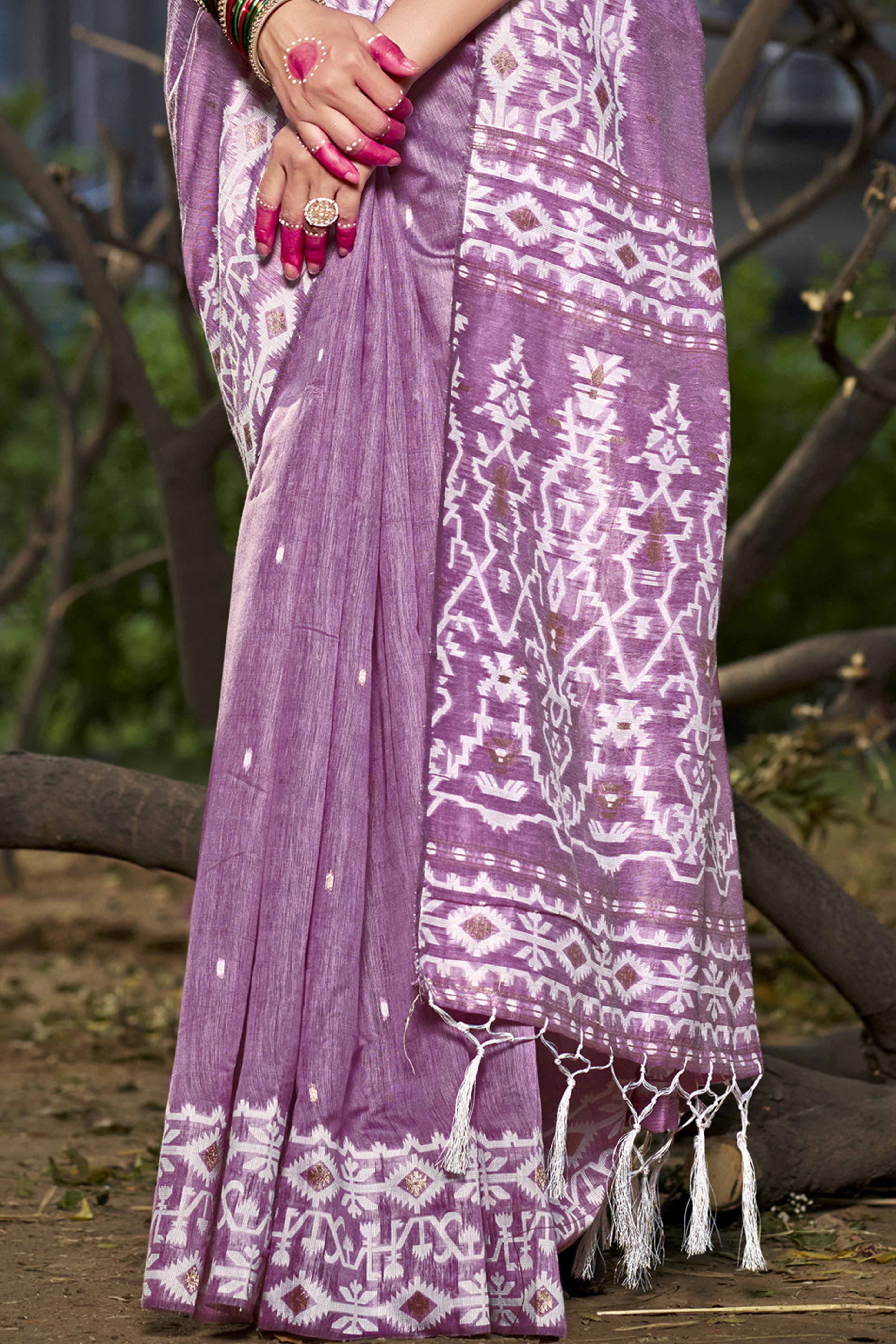 Purple Woven Linen Cotton Saree With Tassels