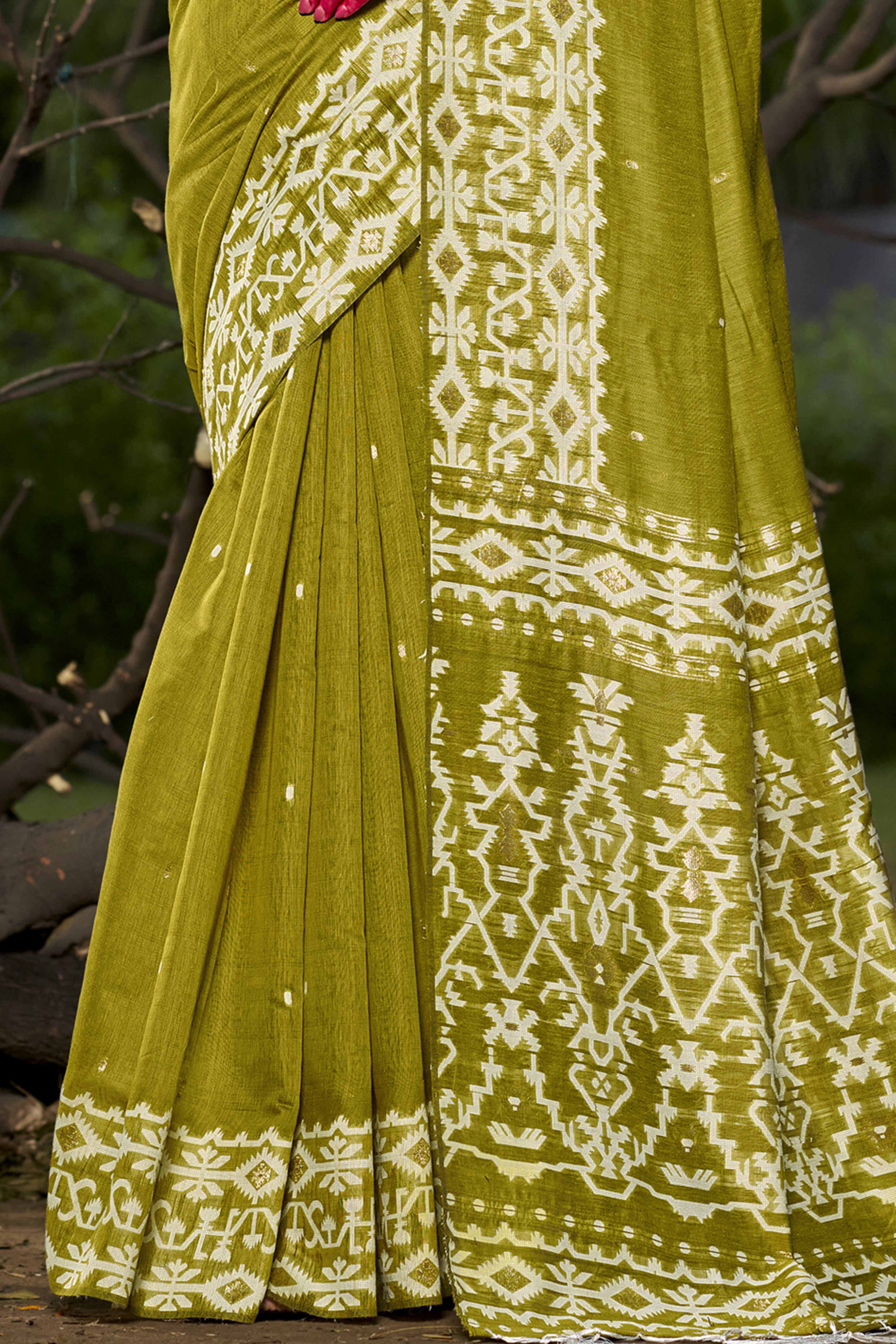 Olive Woven Linen Cotton Saree With Tassels