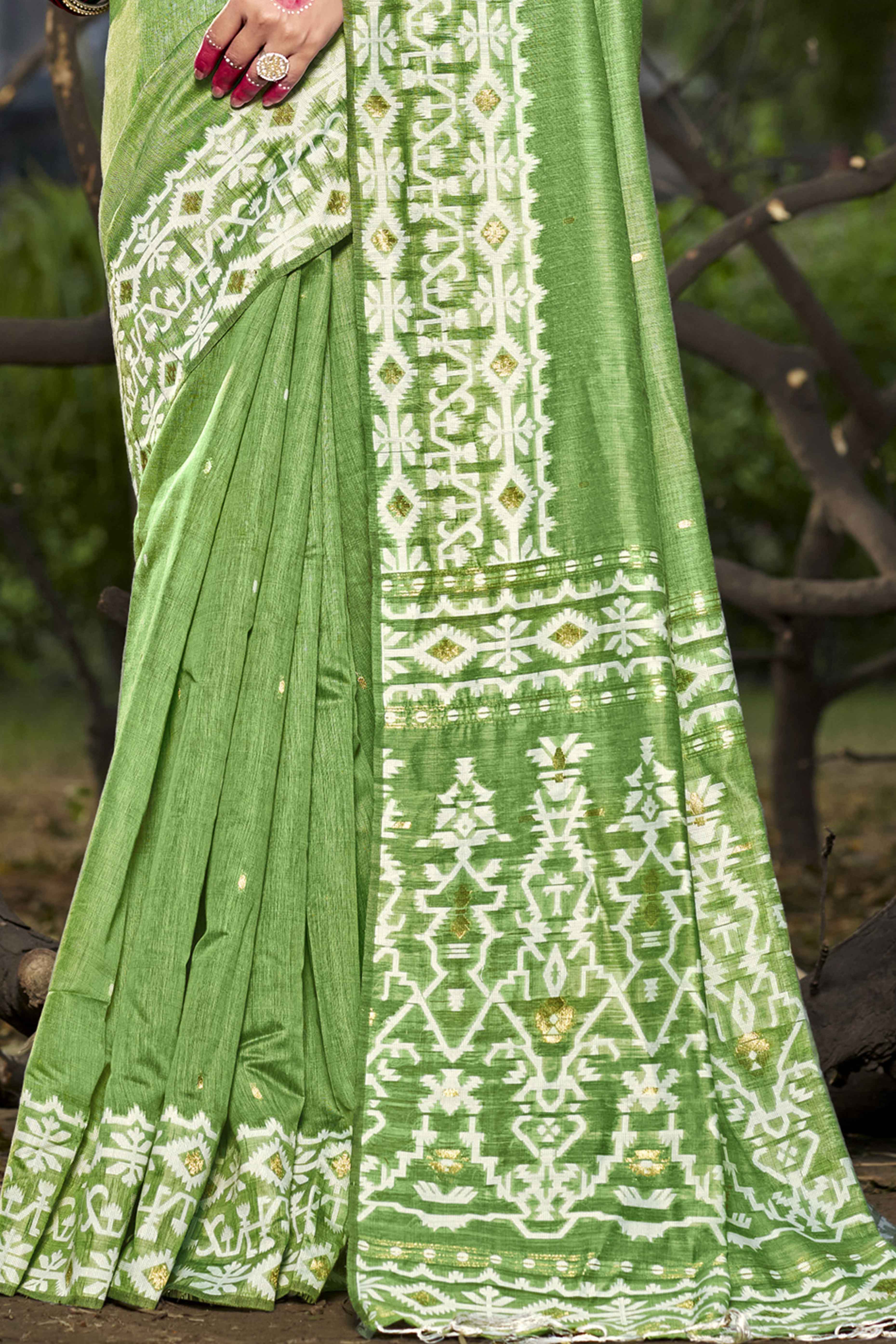 Light Green Woven Linen Cotton Saree With Tassels