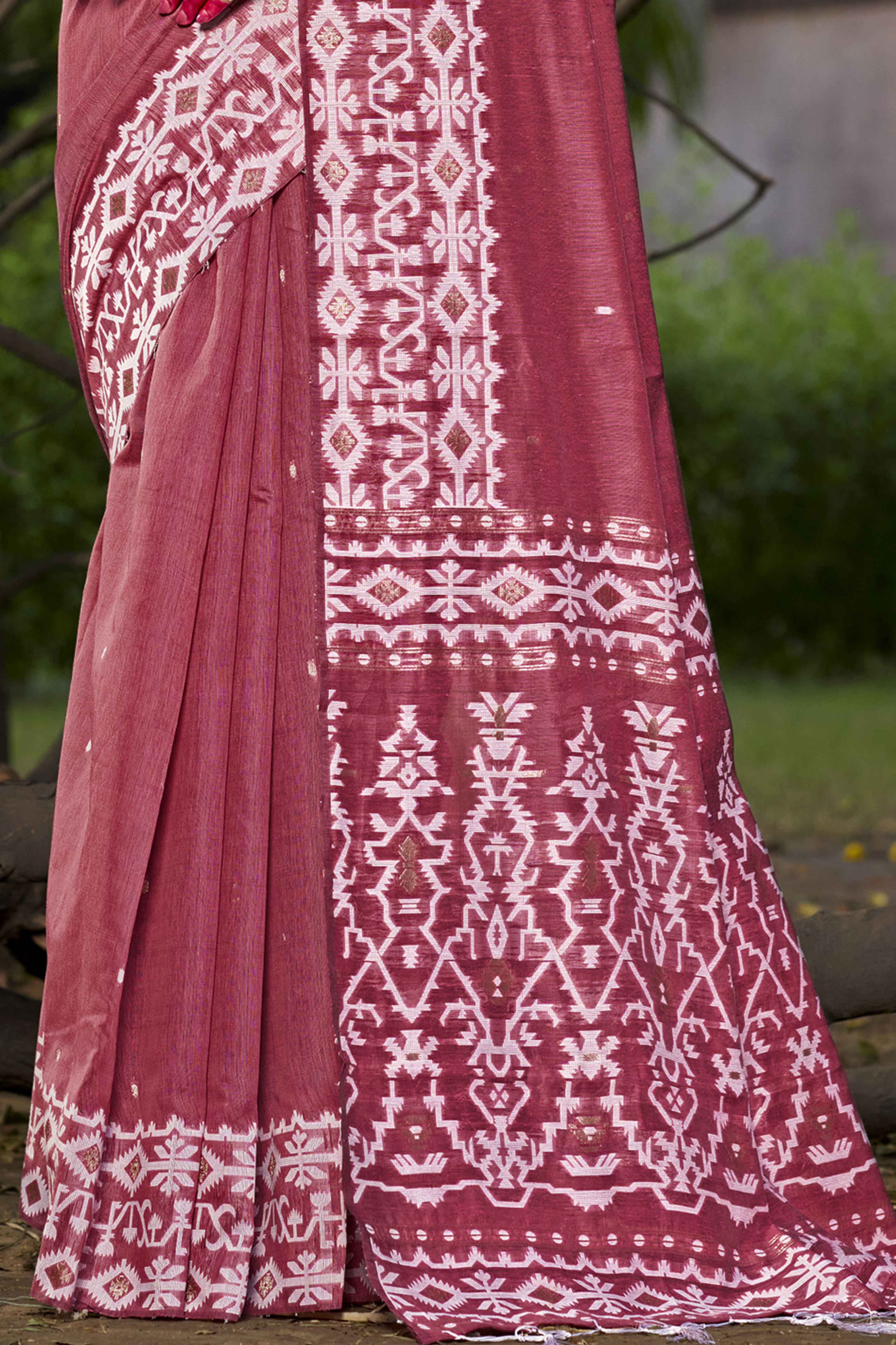 Dark Rose Pink Woven Linen Cotton Saree With Tassels