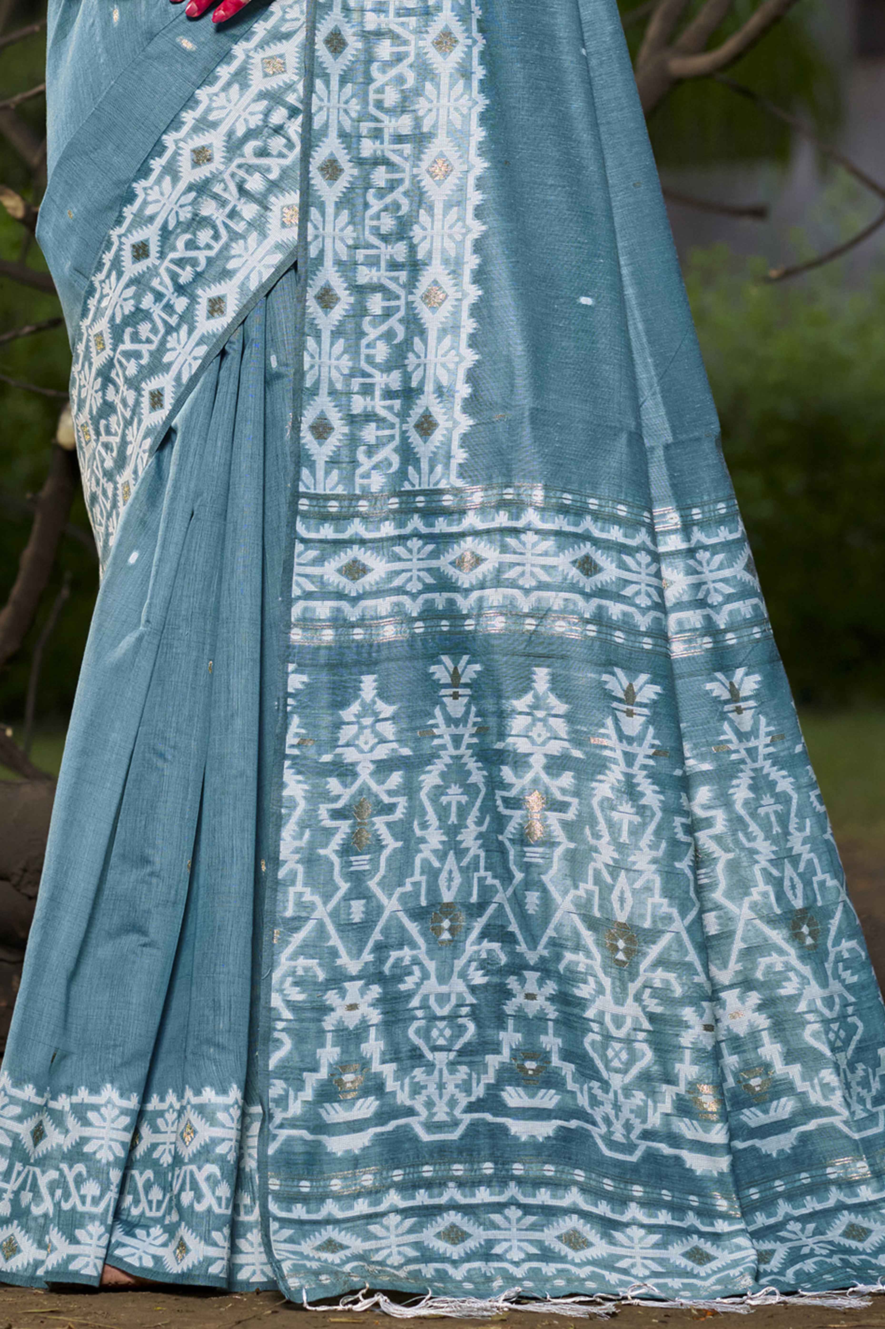 Light Blue Woven Linen Cotton Saree With Tassels