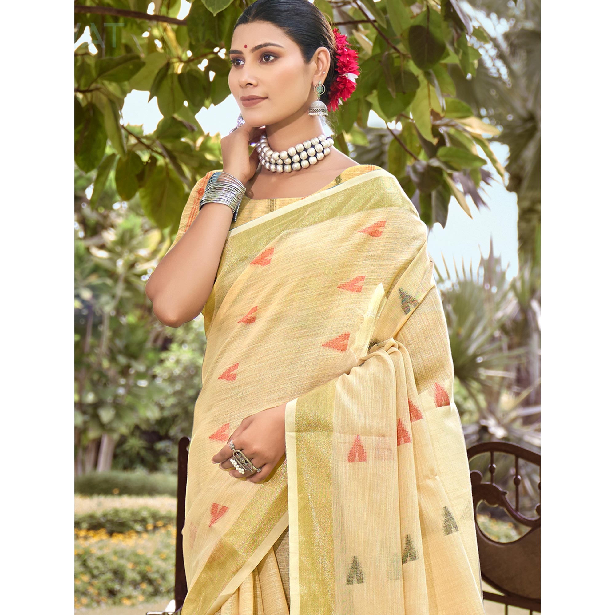 Light Yellow Woven Cotton Blend Saree