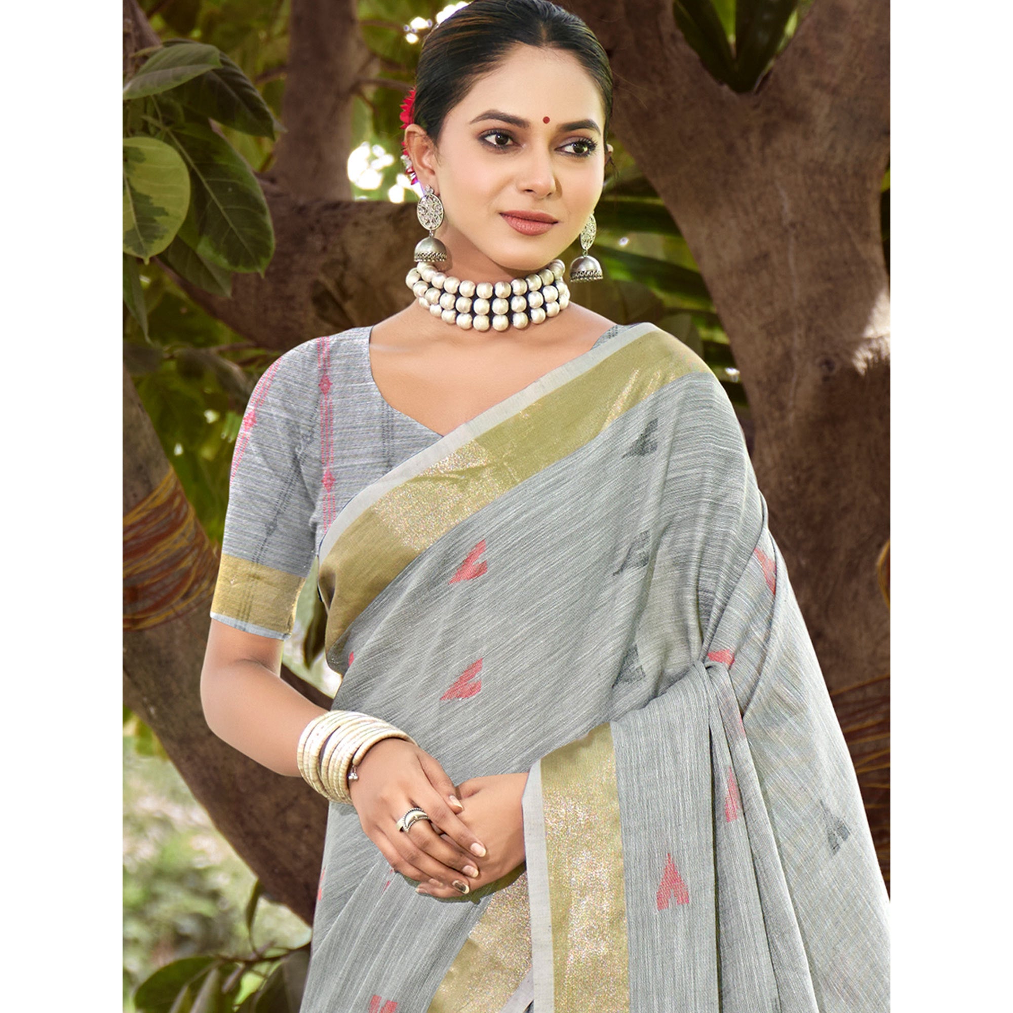 Grey Woven Cotton Blend Saree