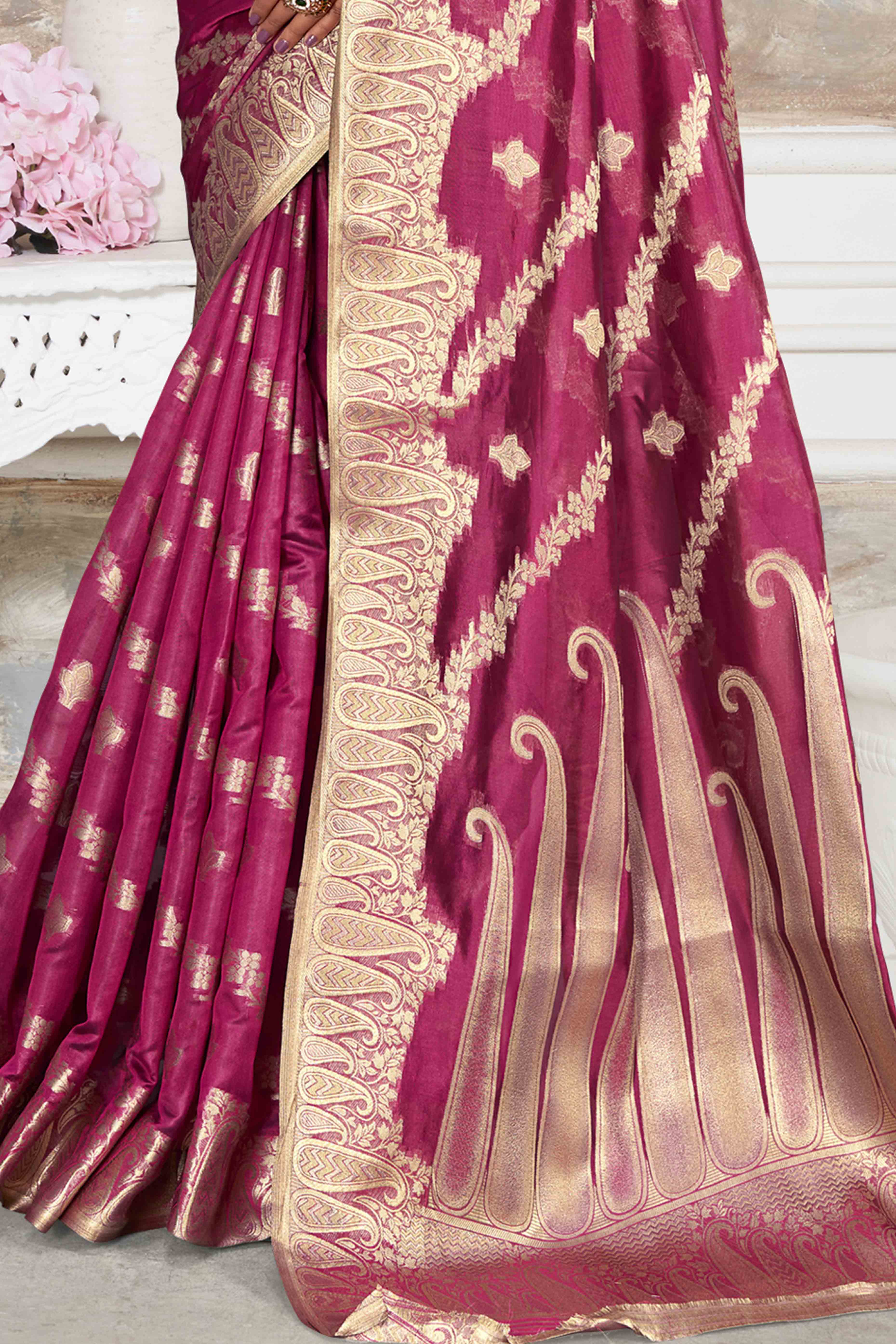 Dark Magenta Floral With Paisley Pattern Zari Woven Organza Saree