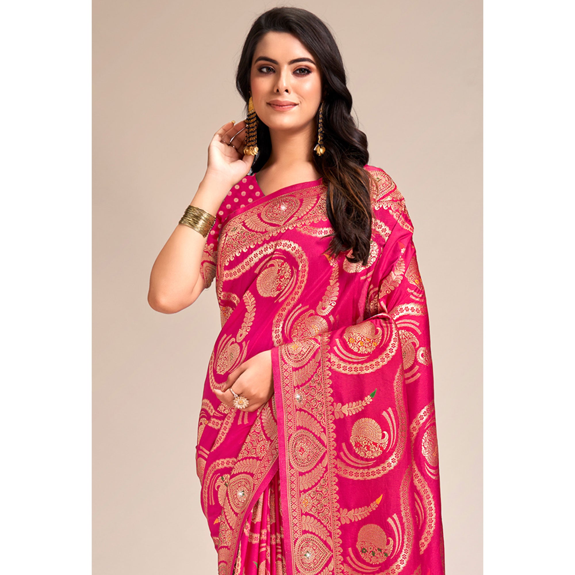 Pink Woven Banarasi Silk Saree With Tassels