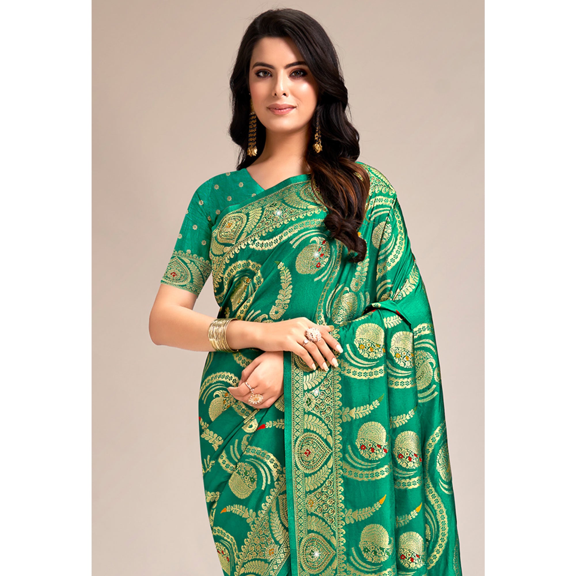 Green Woven Banarasi Silk Saree With Tassels
