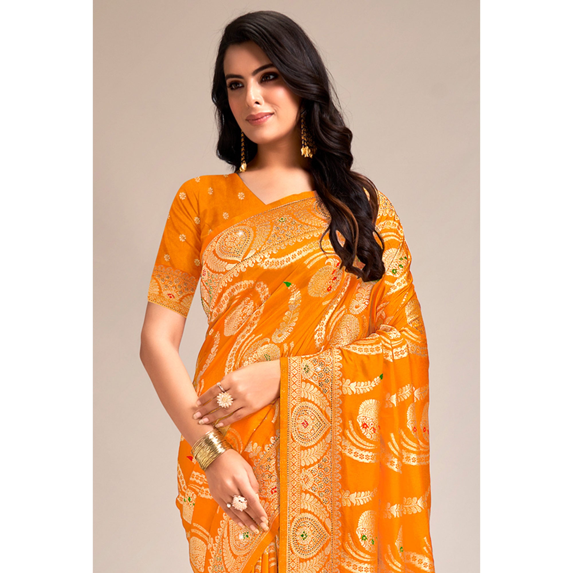 Mustard Woven Banarasi Silk Saree With Tassels