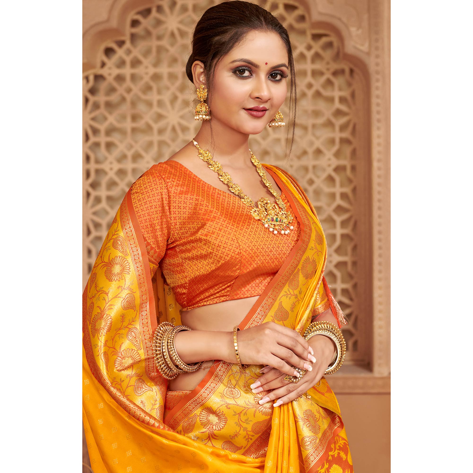 Yellow Floral Woven Banarasi Silk Saree With Tassels