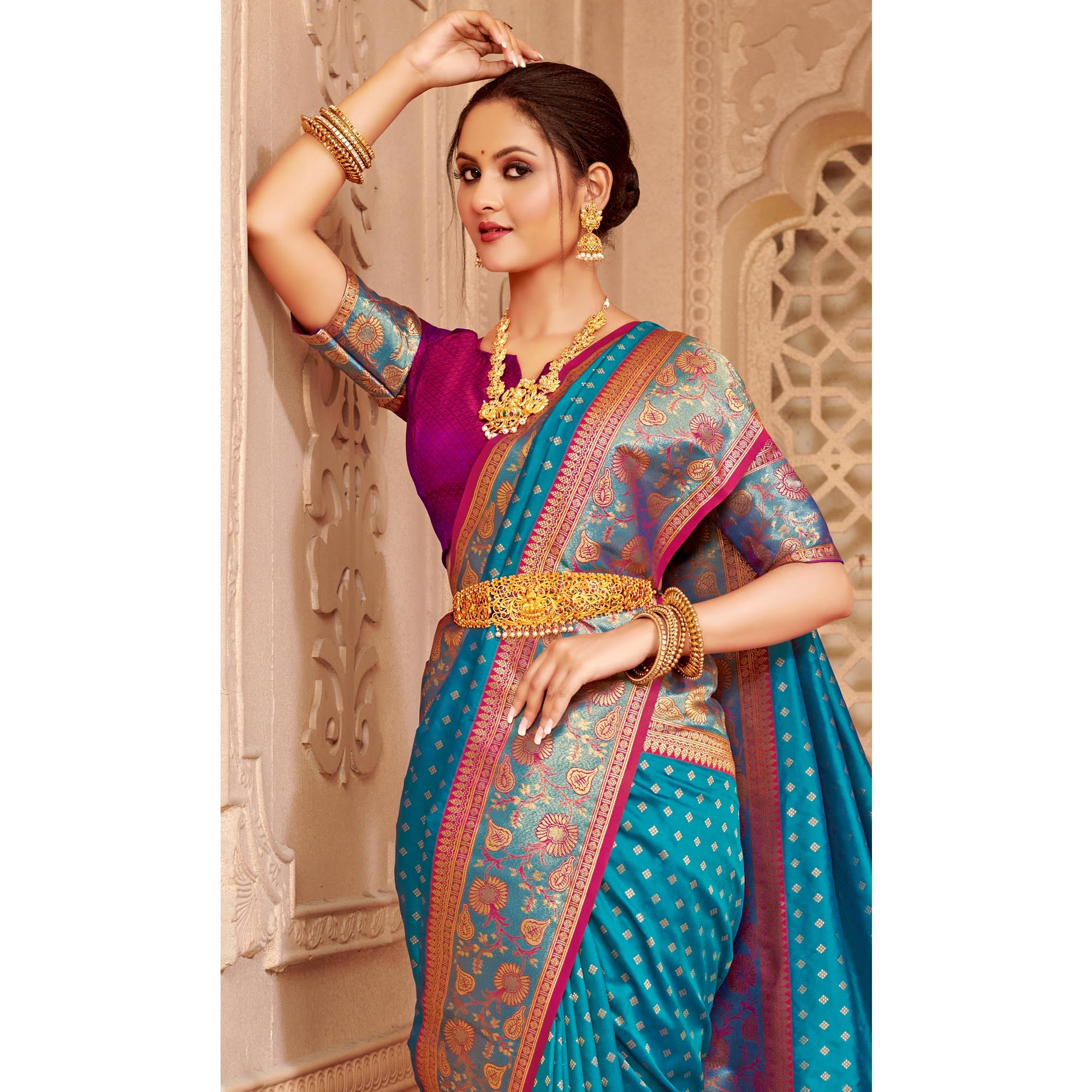 Blue Floral Woven Banarasi Silk Saree With Tassels