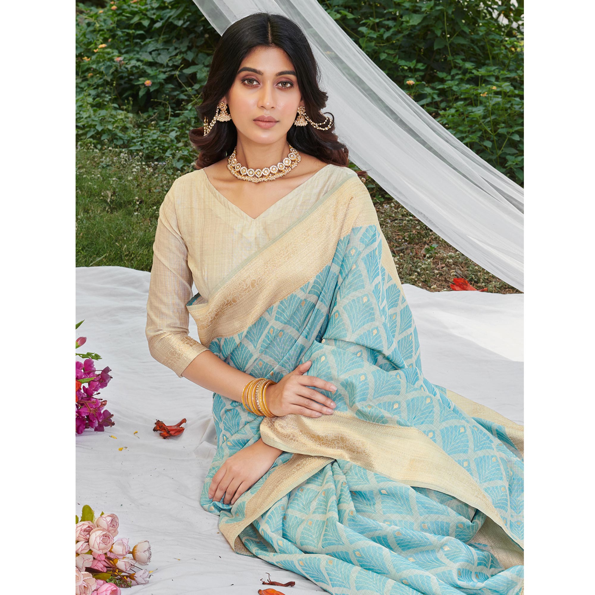 Sky Blue Woven Cotton Silk Saree With Tassels