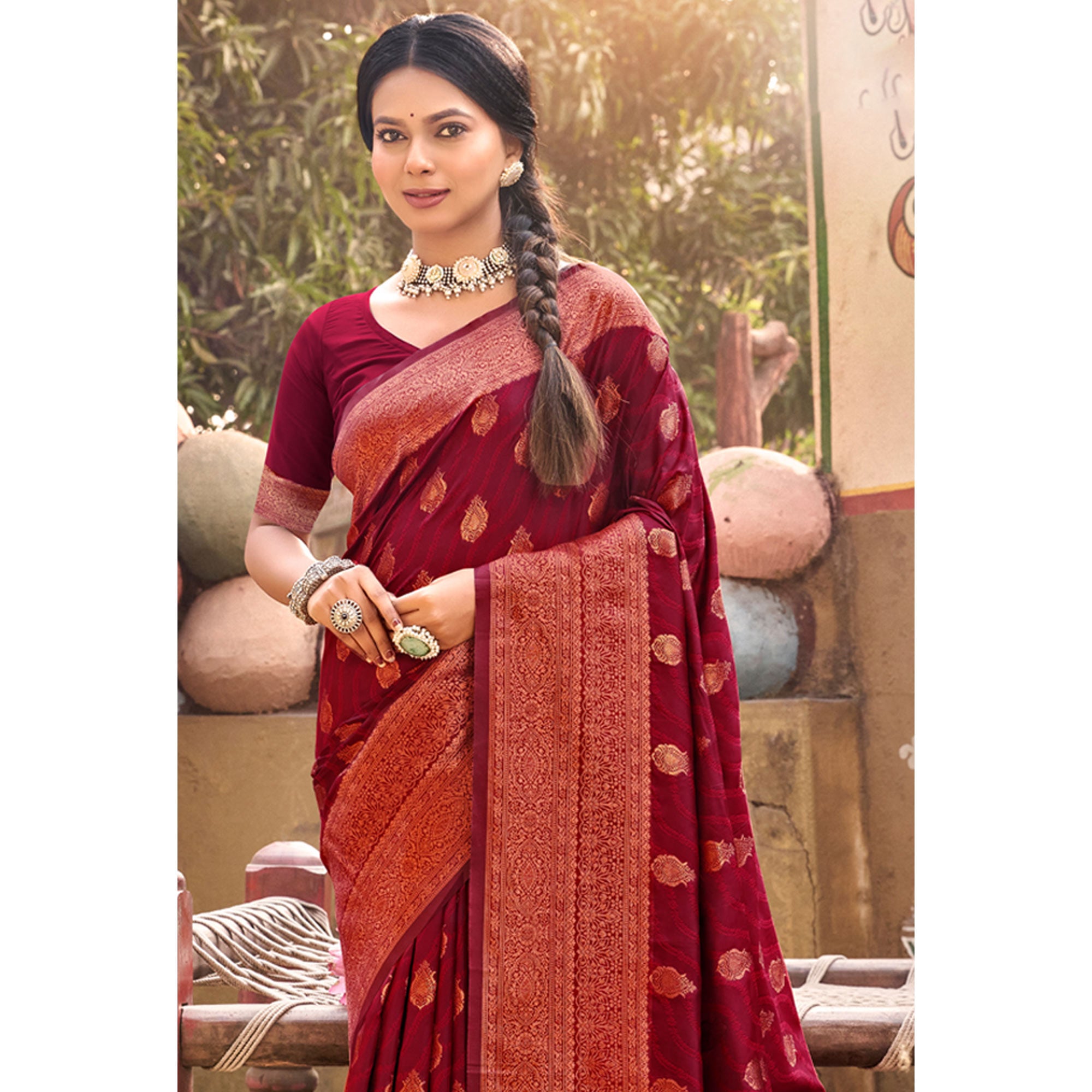 Maroon Floral Woven Banarasi Silk Saree With Tassels