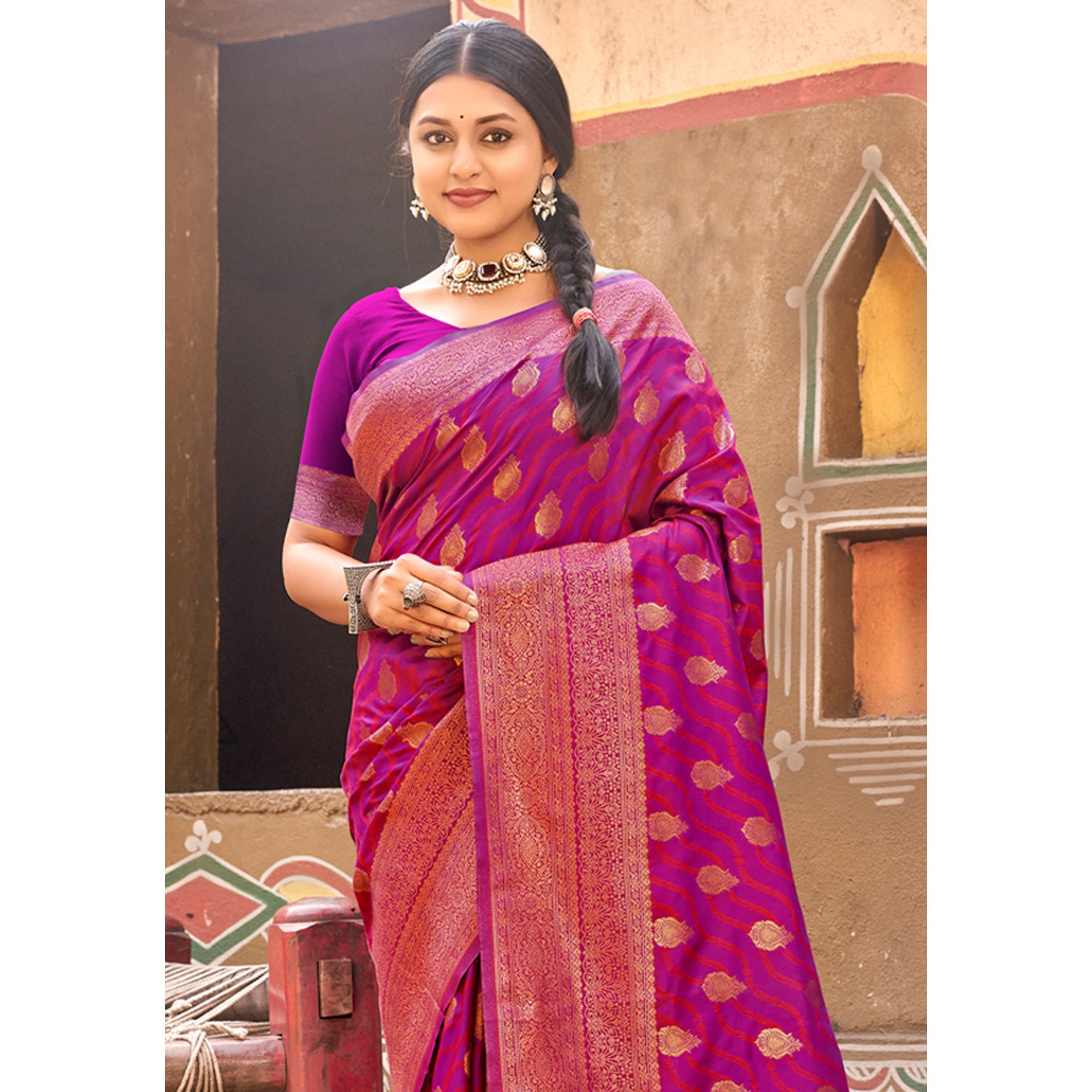 Purple Floral Woven Banarasi Silk Saree With Tassels