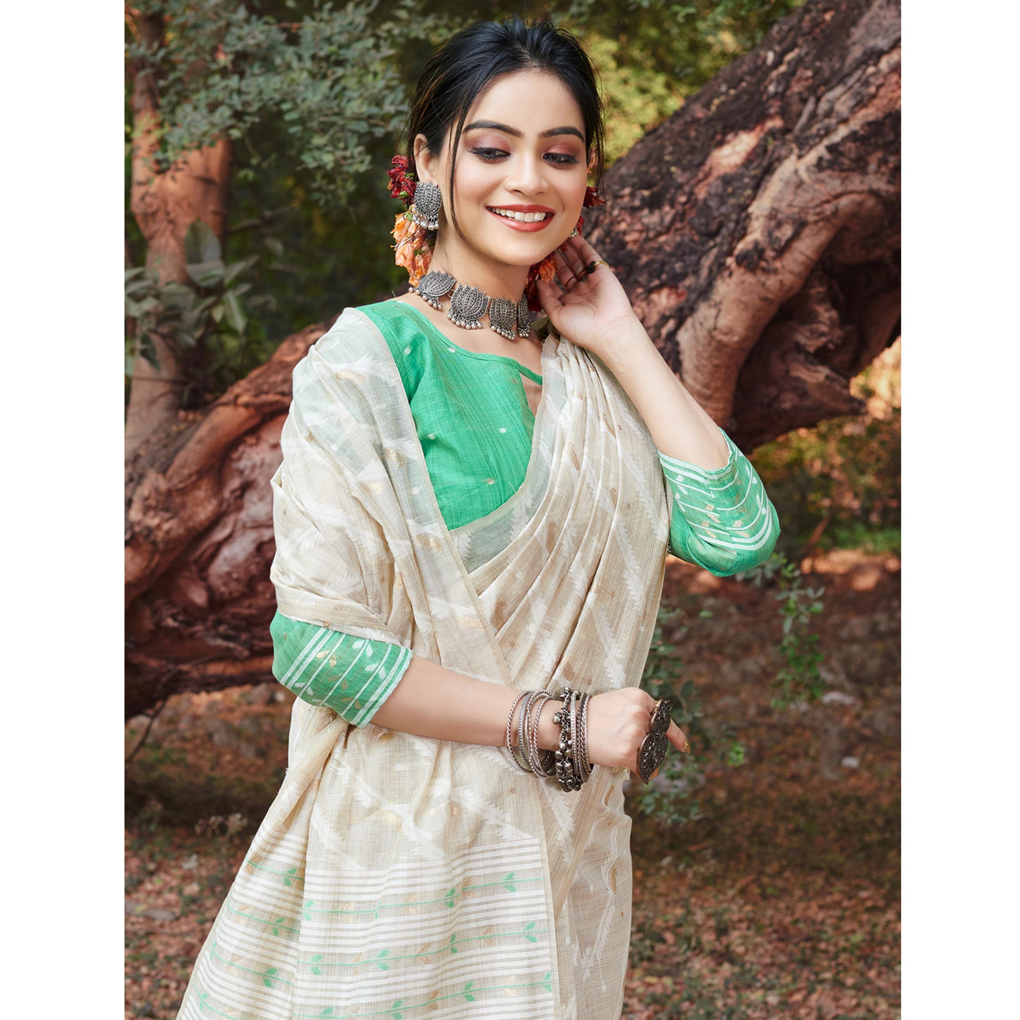 Off White & Pista Green Woven Cotton Silk Saree With Tassels