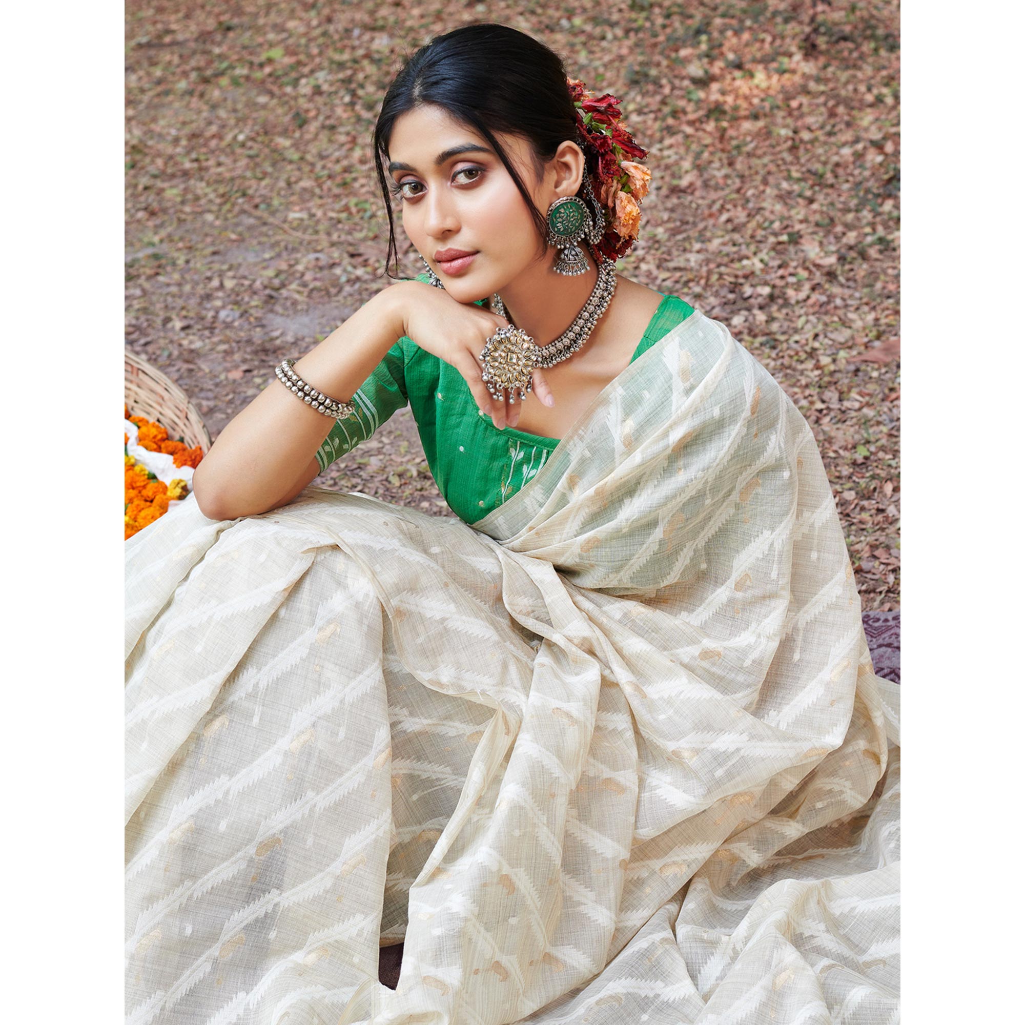 Off White & Green Woven Cotton Silk Saree With Tassels