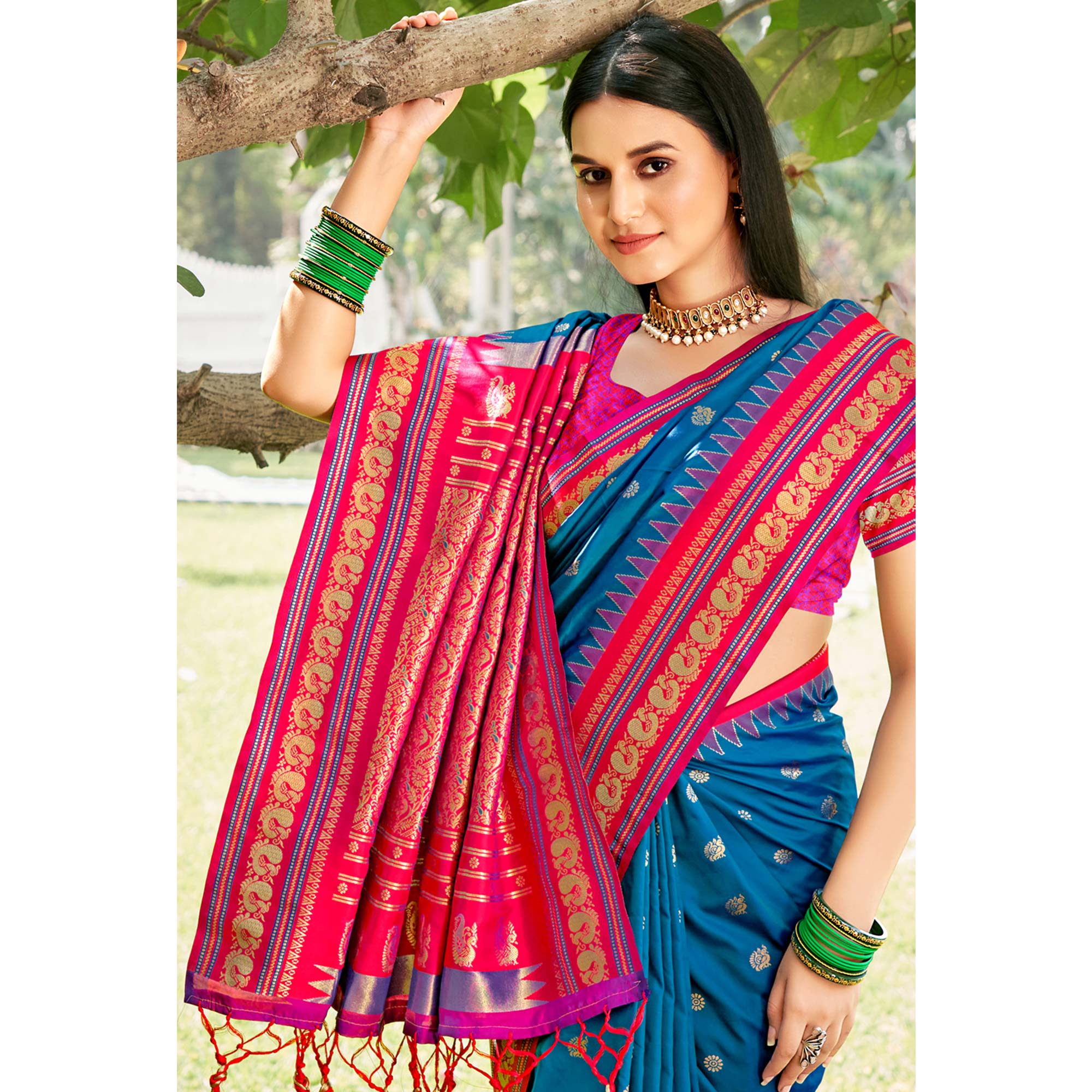 Blue Woven Paithani Banarasi Silk Saree With Tassels