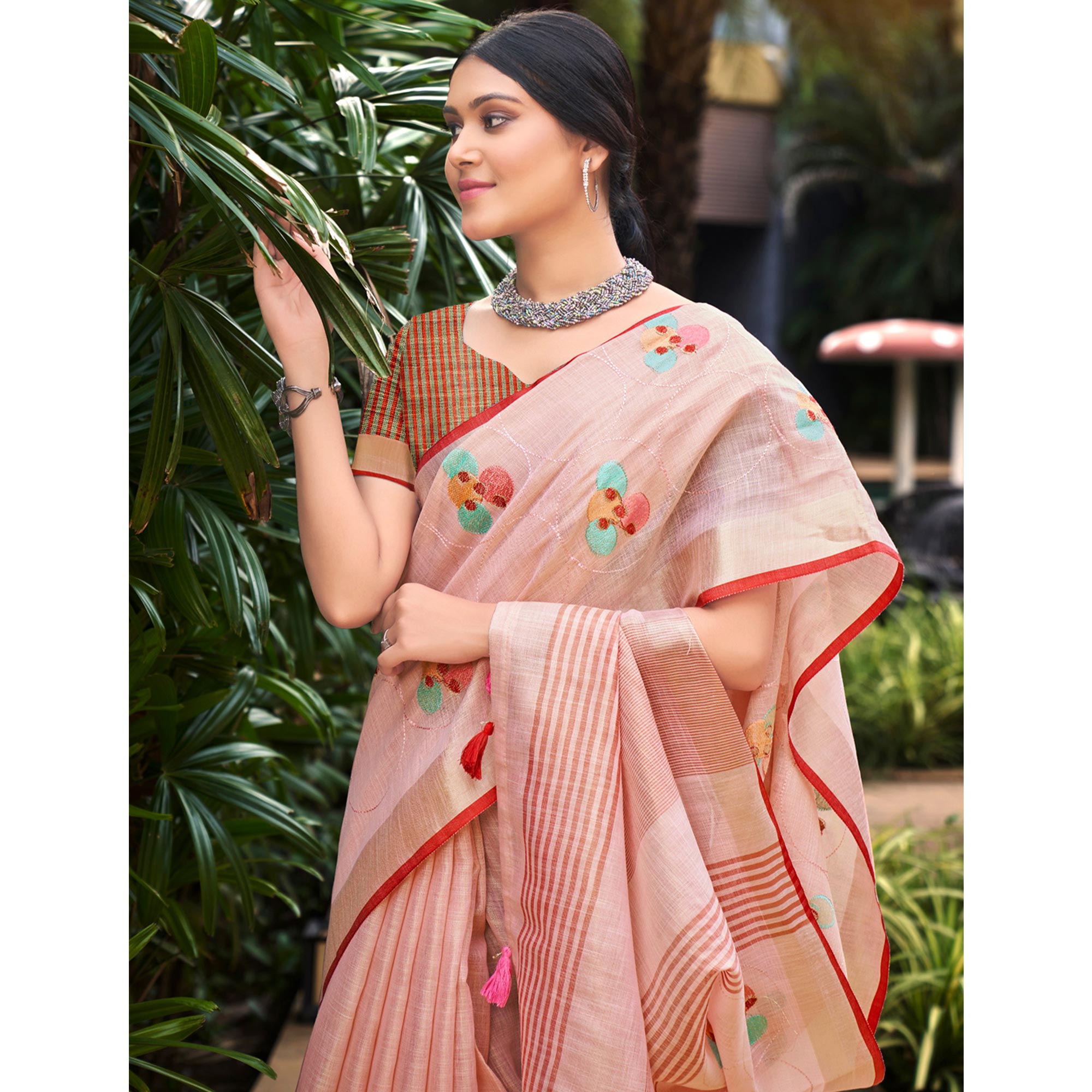 Pink Floral Embroidered Linen Saree With Tassels