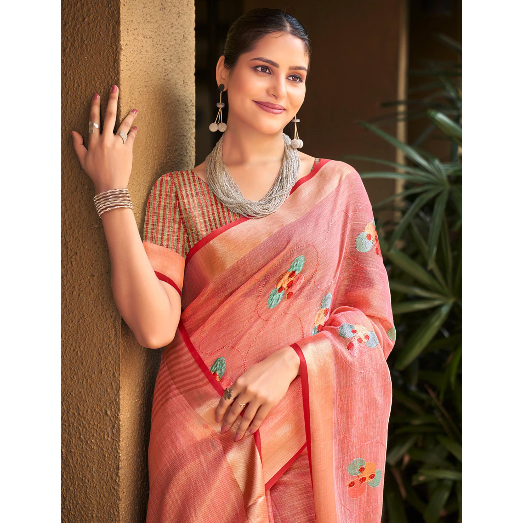 Peach Floral Embroidered Linen Saree With Tassels