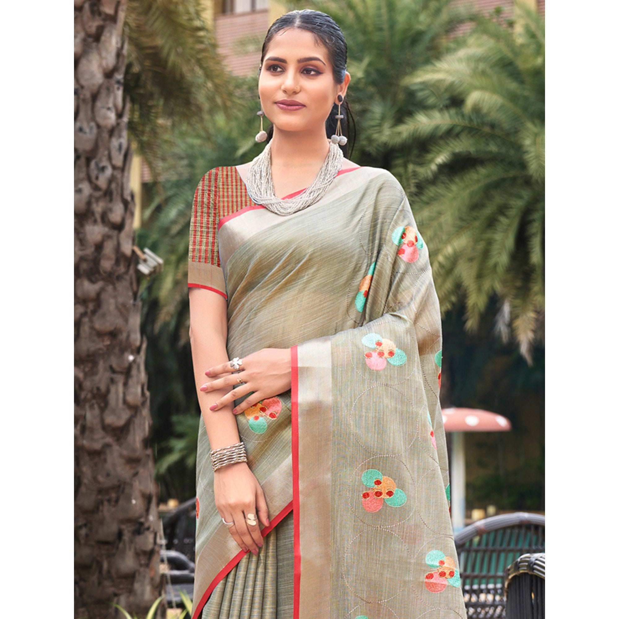 Grey Floral Embroidered Linen Saree With Tassels