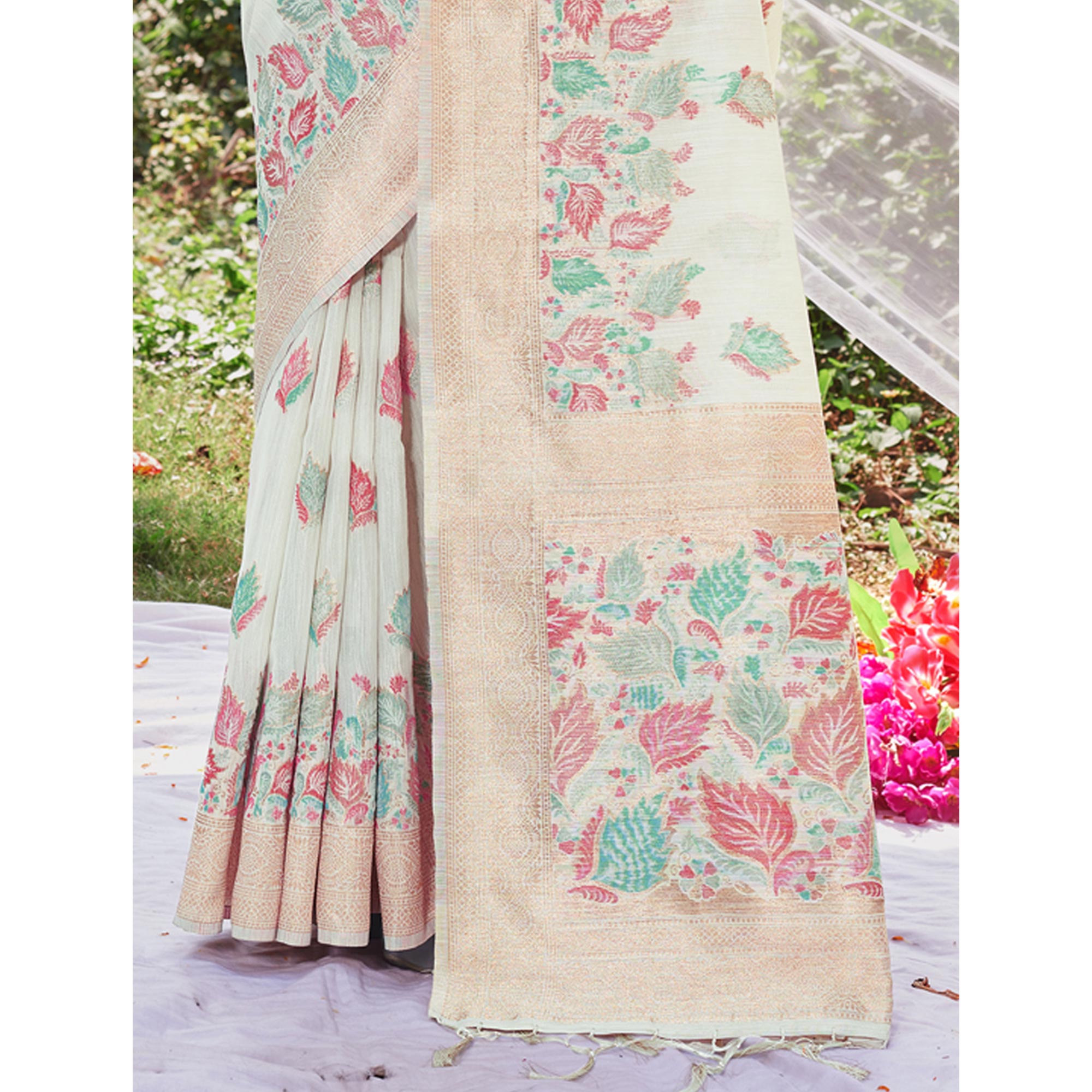Off White Floral Woven Cotton Silk Saree With Tassels