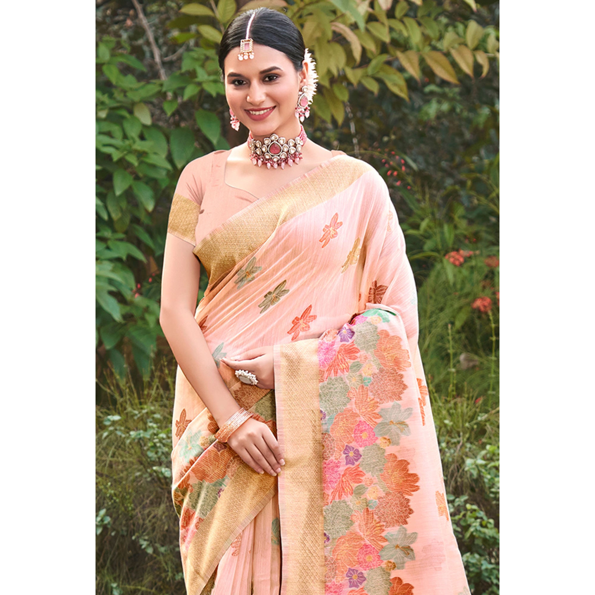Peach Woven Cotton Blend Saree With Tassels