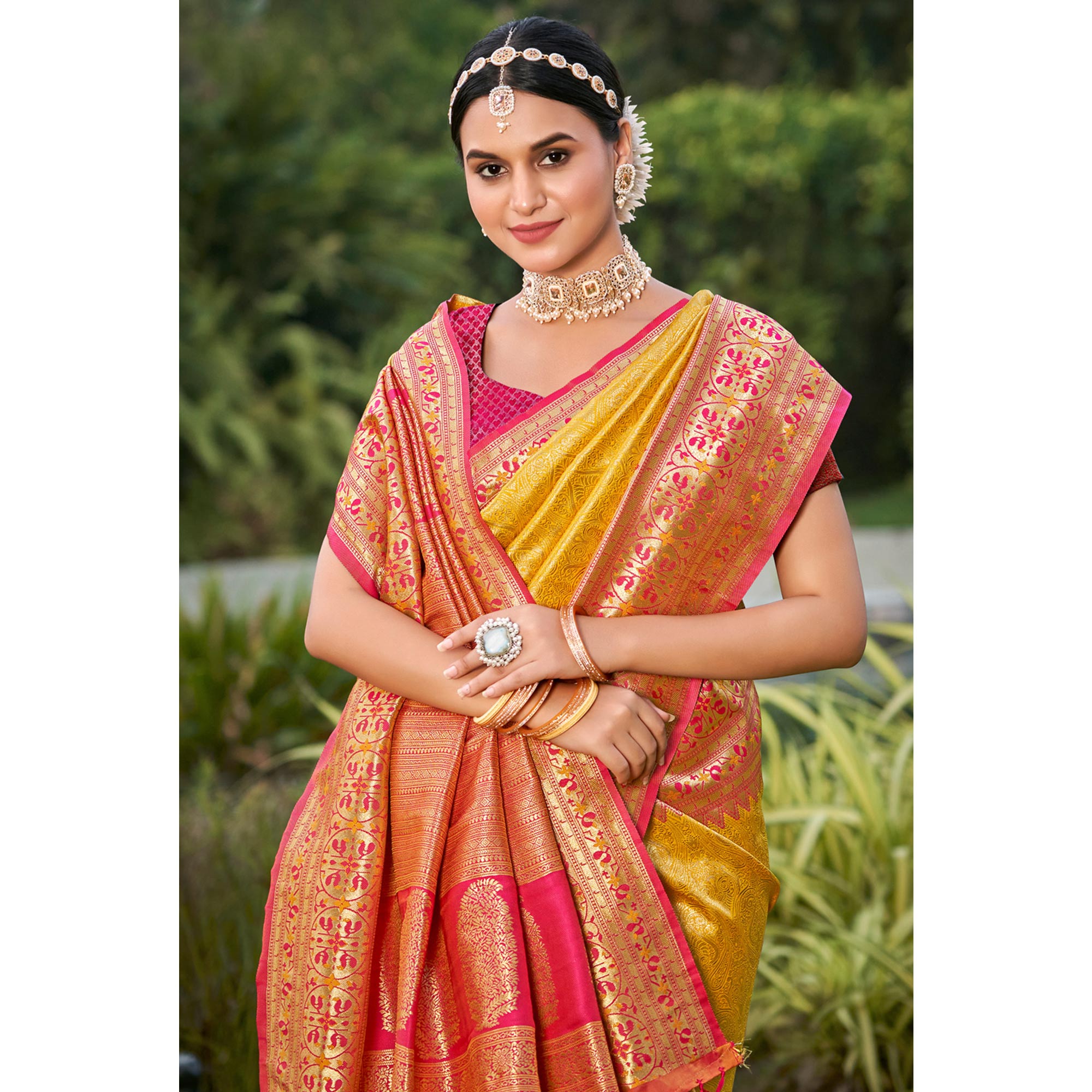 Mustard Woven Kanjivaram Silk Saree With Tassels