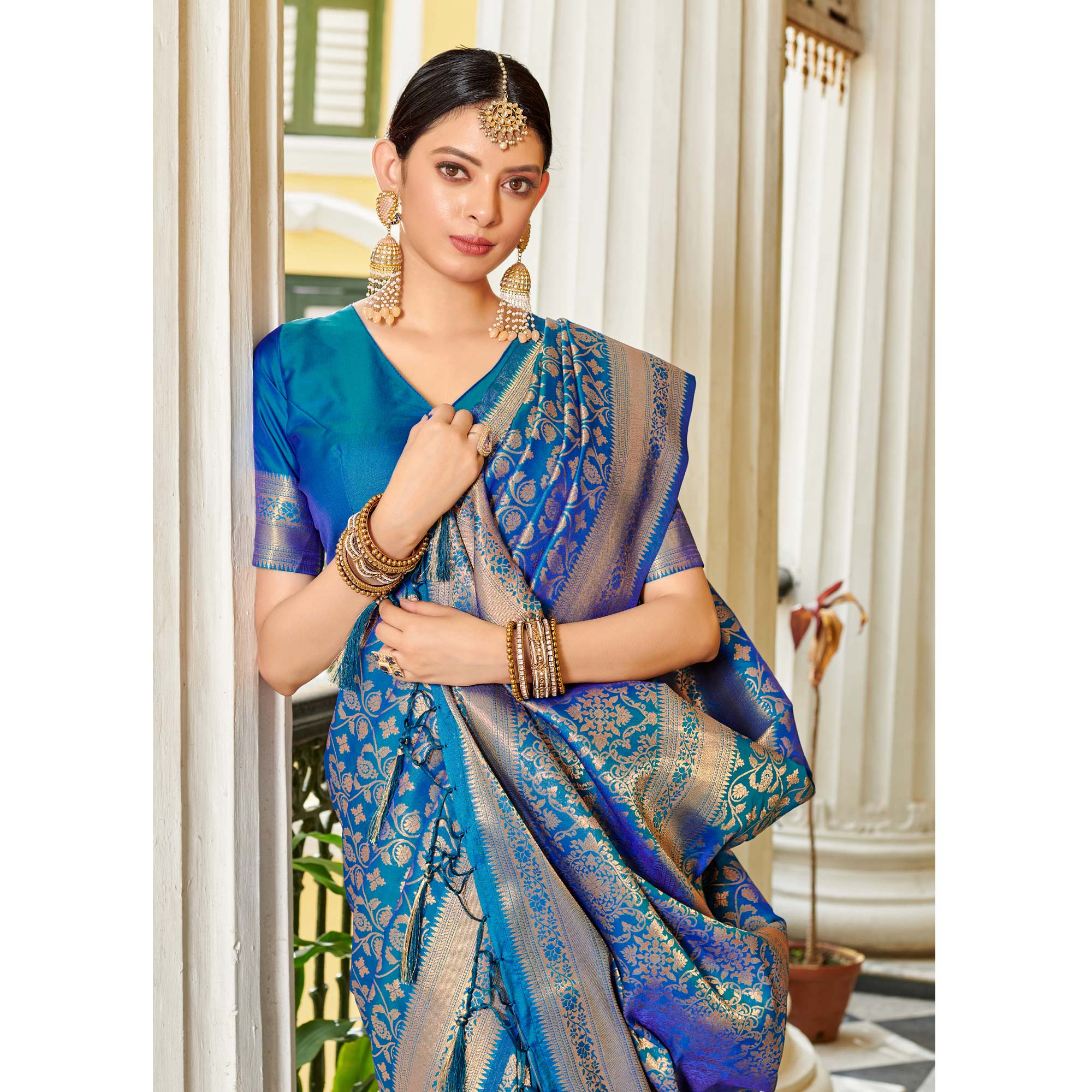 Blue Floral Woven Banarasi Silk Saree With Tassels