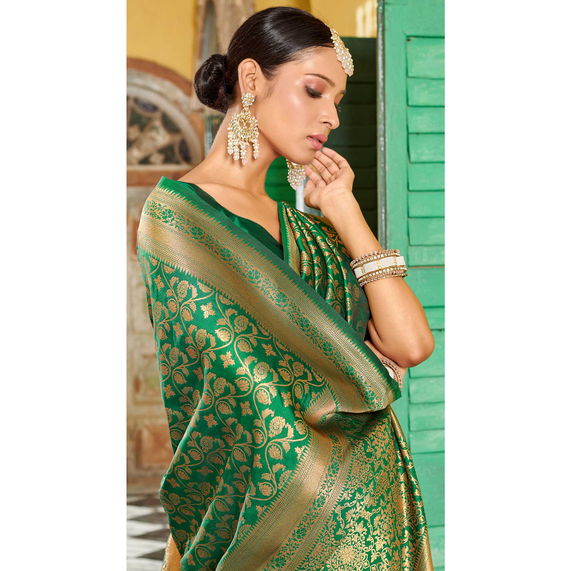 Green Floral Woven Banarasi Silk Saree With Tassels