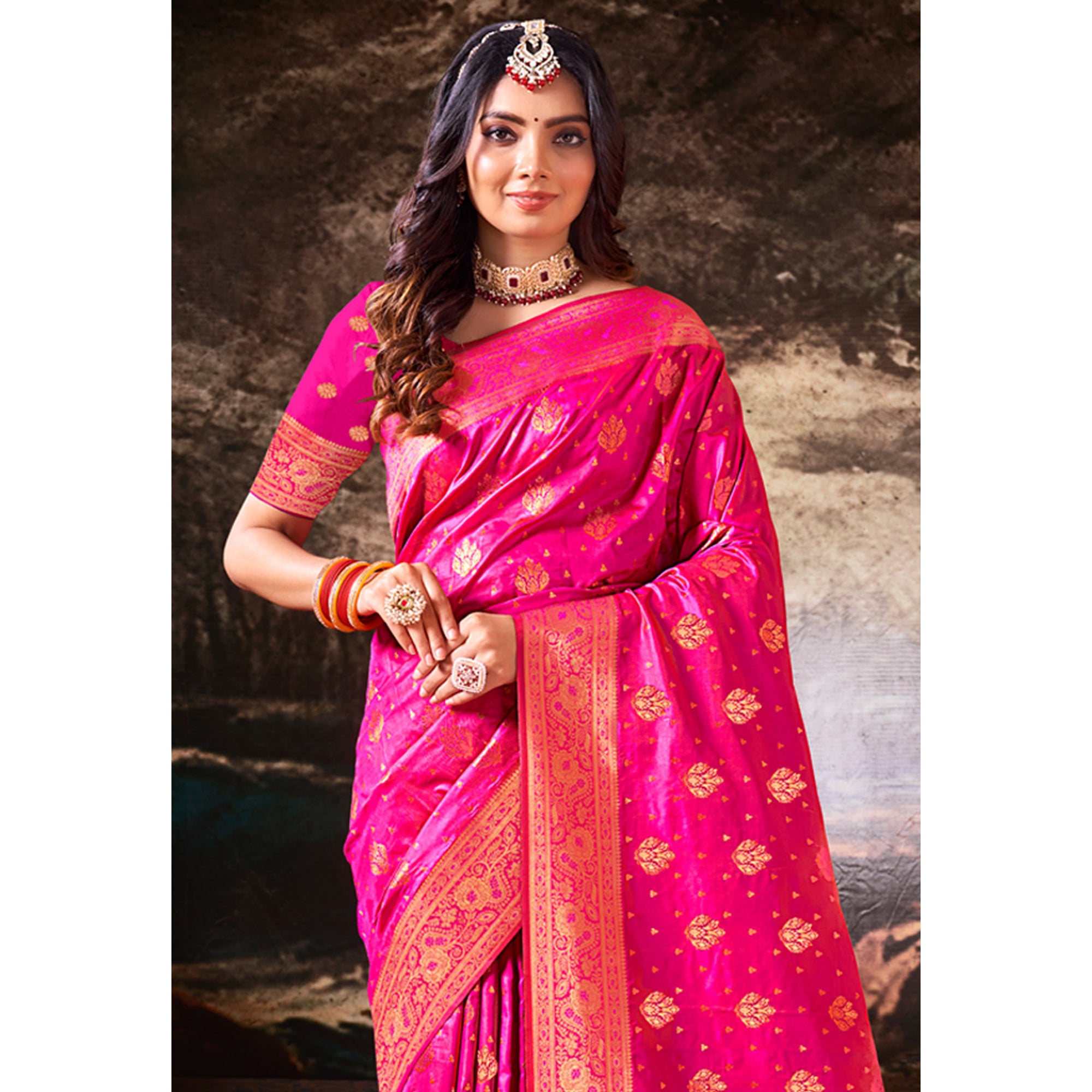 Pink Floral Woven Banarasi Silk Saree With Tassels