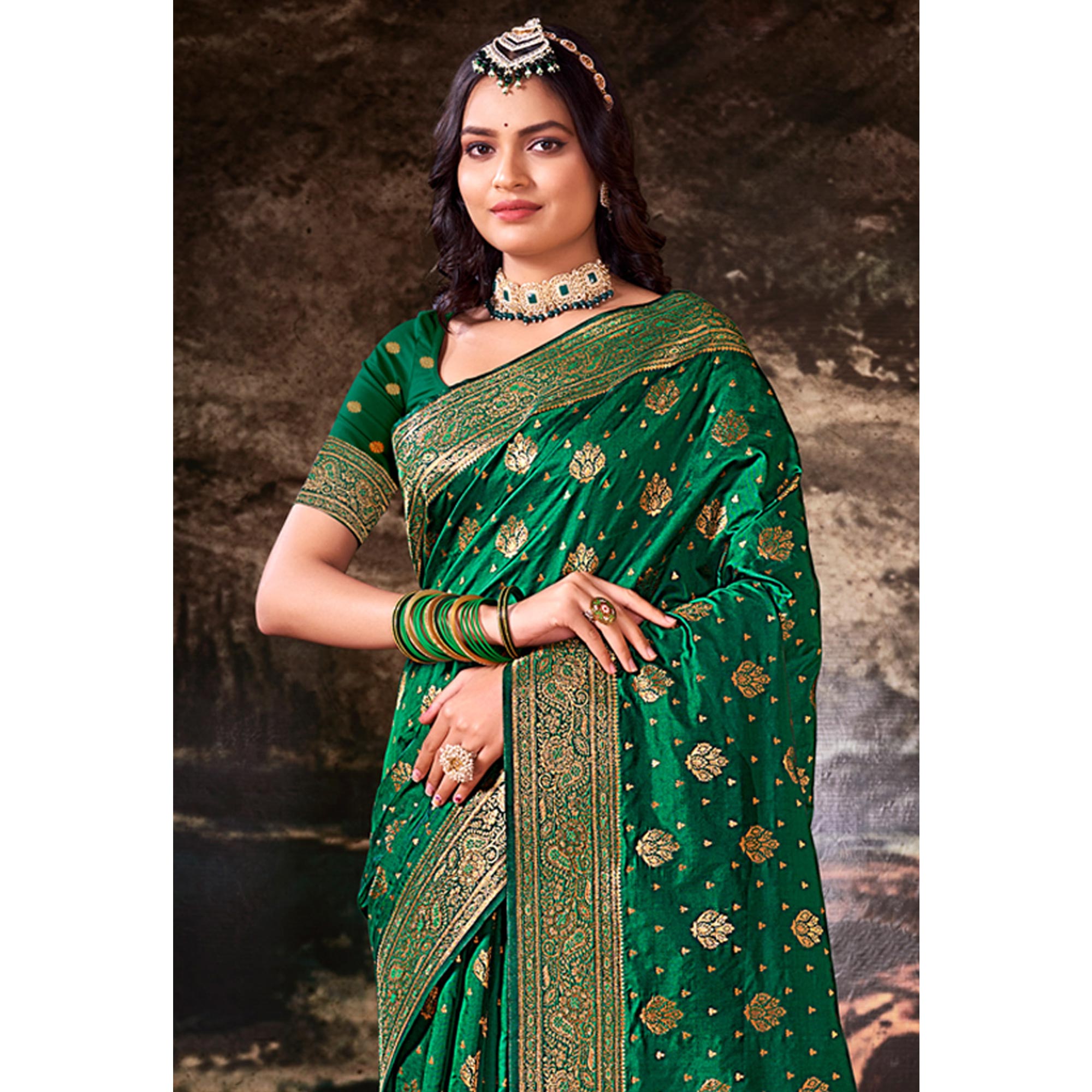 Green Floral Woven Banarasi Silk Saree With Tassels