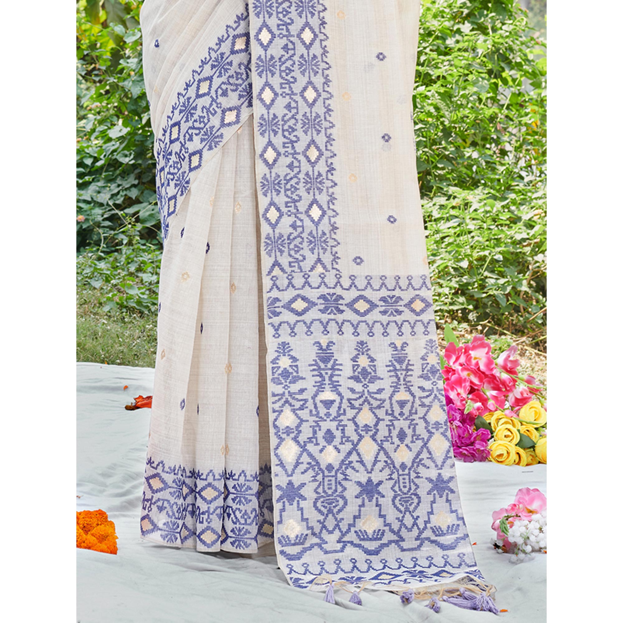 Off White & Blue Woven Cotton Silk Saree With Tassels