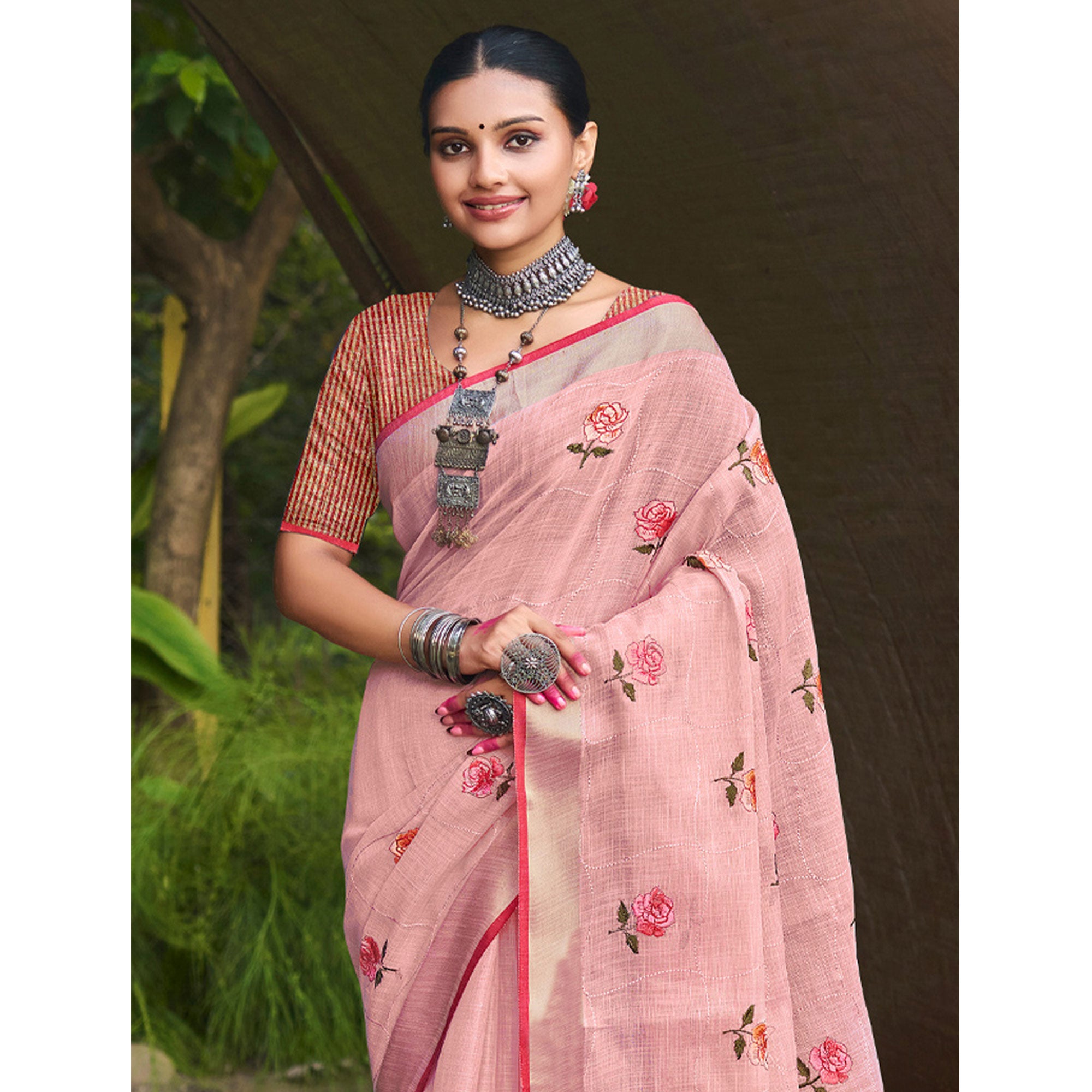 Pink Floral Embroidered Linen Saree With Tassels