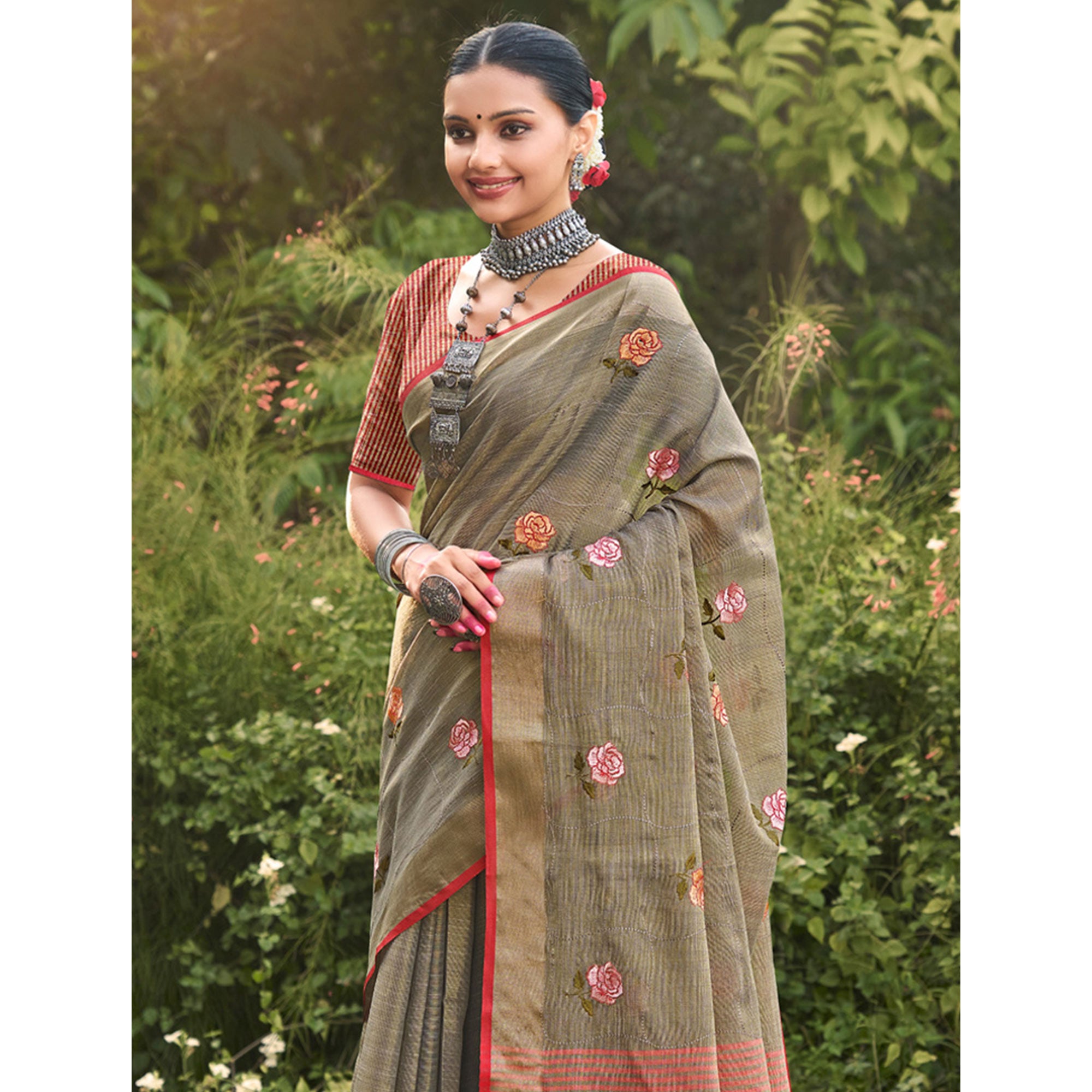 Grey Floral Embroidered Linen Saree With Tassels