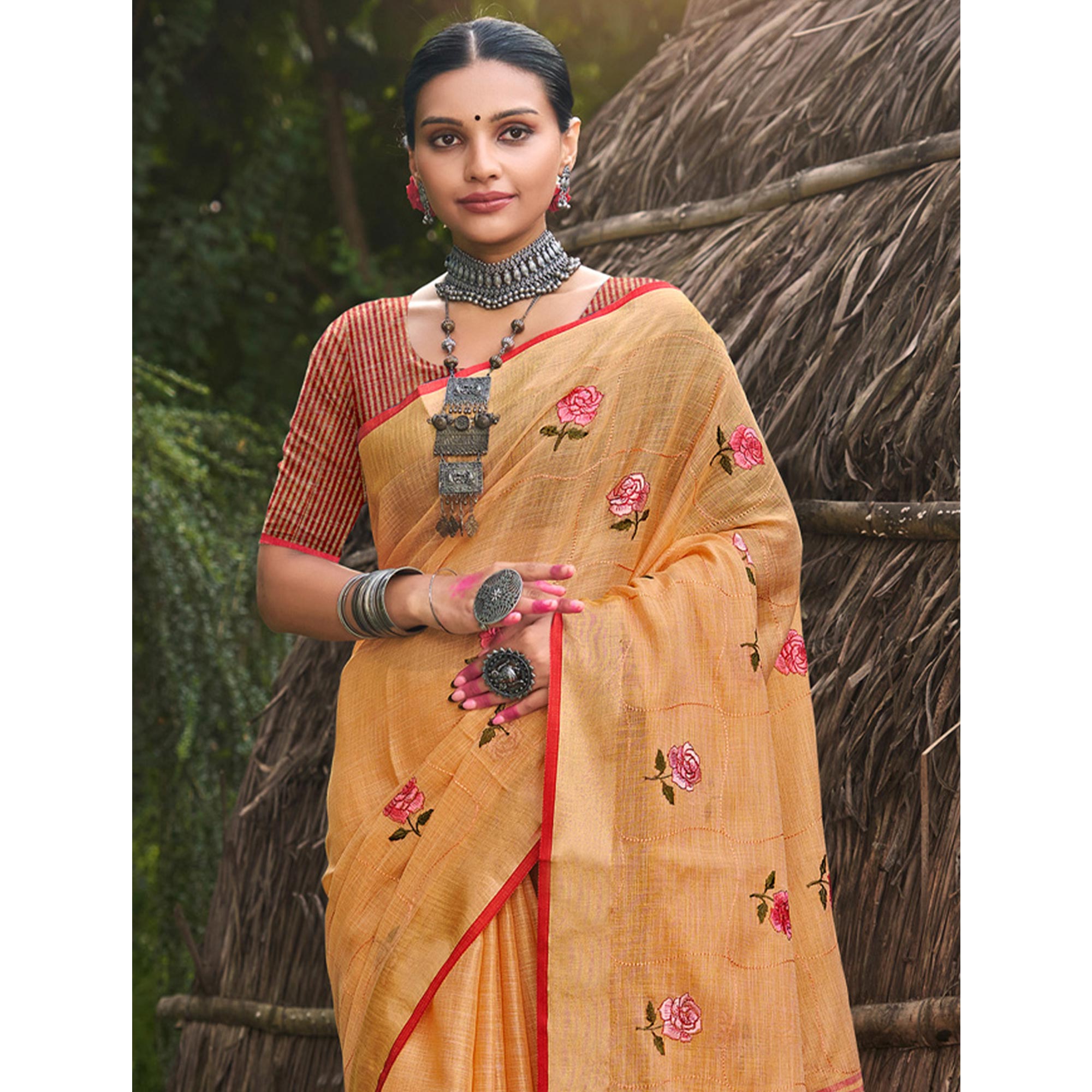 Orange Floral Embroidered Linen Saree With Tassels