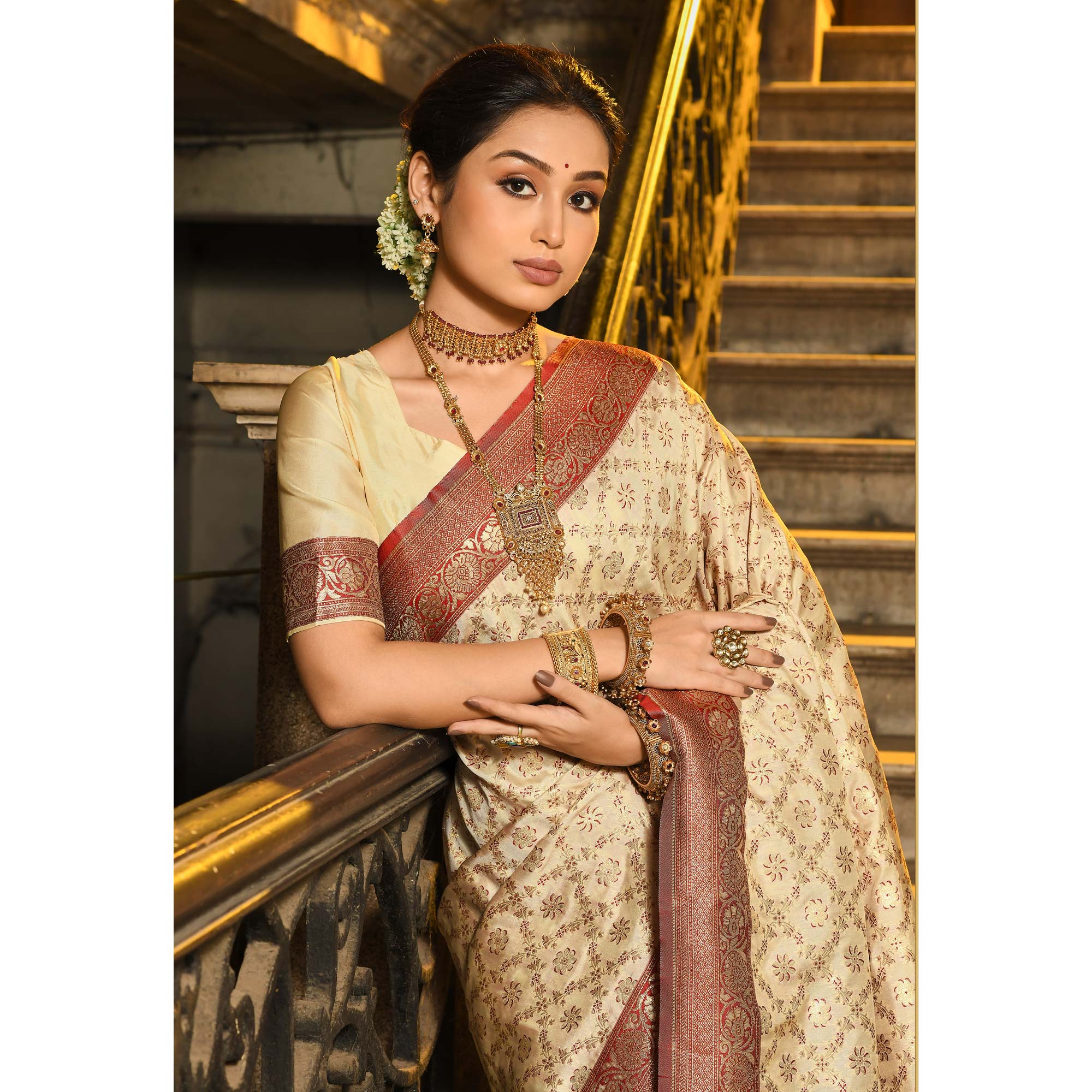 Cream & Red Floral Woven Banarasi Silk Saree With Tassels