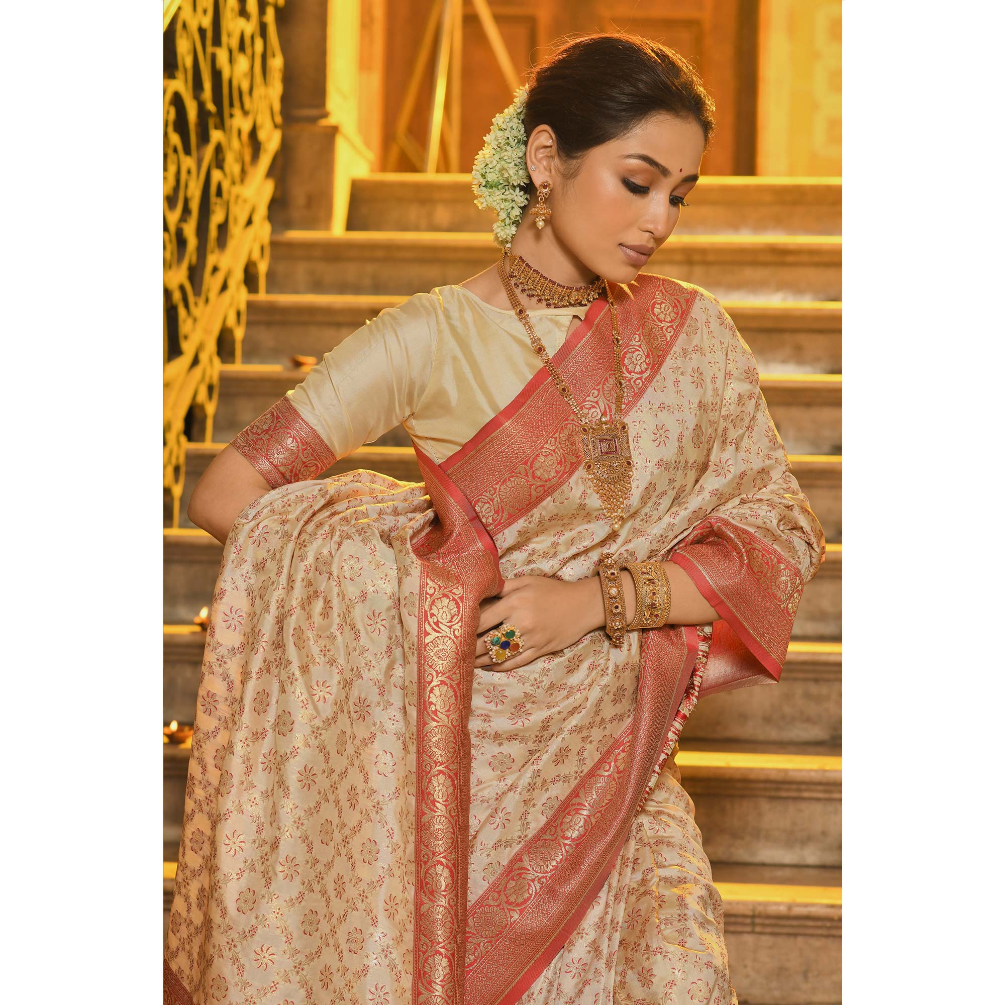 Cream & Peach Floral Woven Banarasi Silk Saree With Tassels