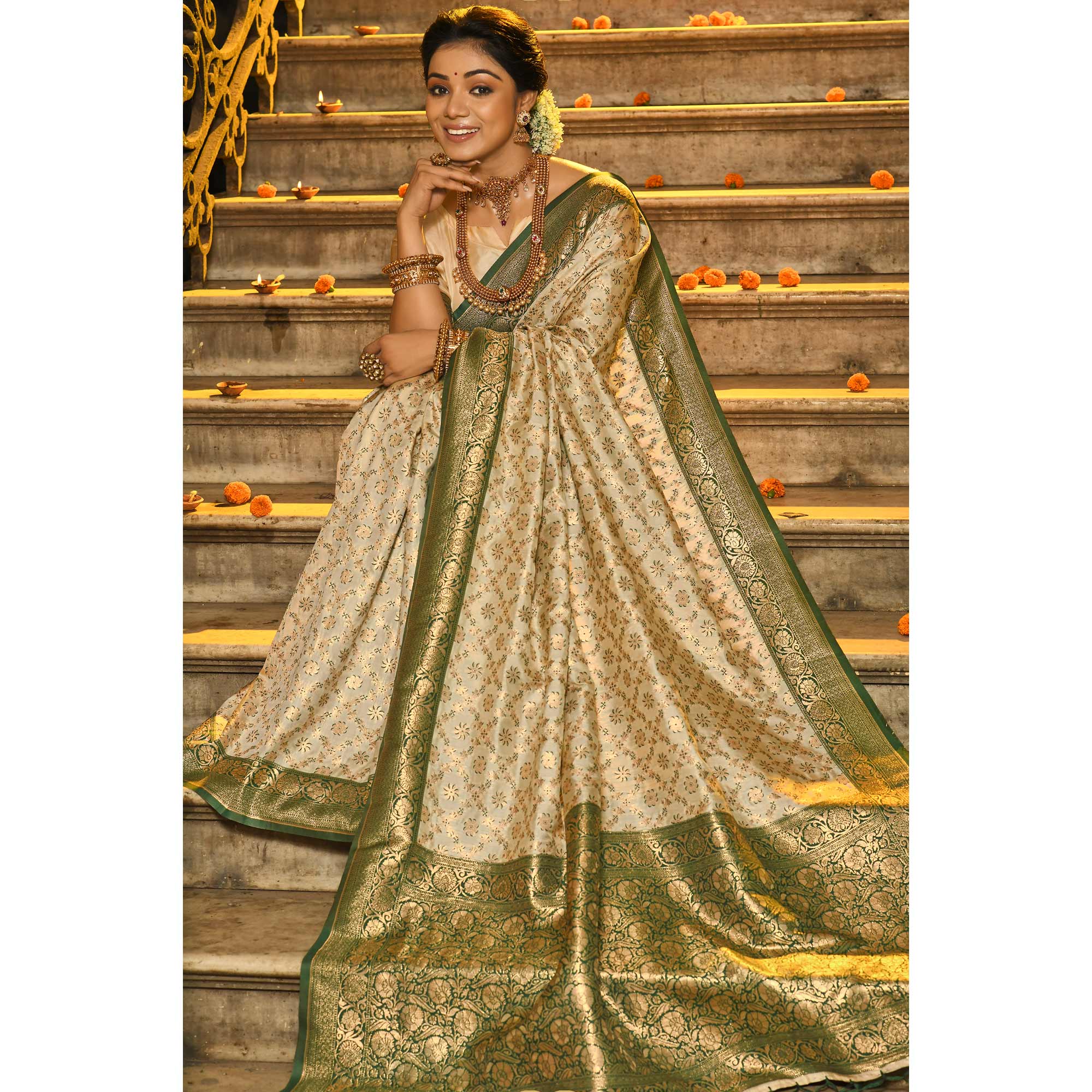 Cream & Green Floral Woven Banarasi Silk Saree With Tassels