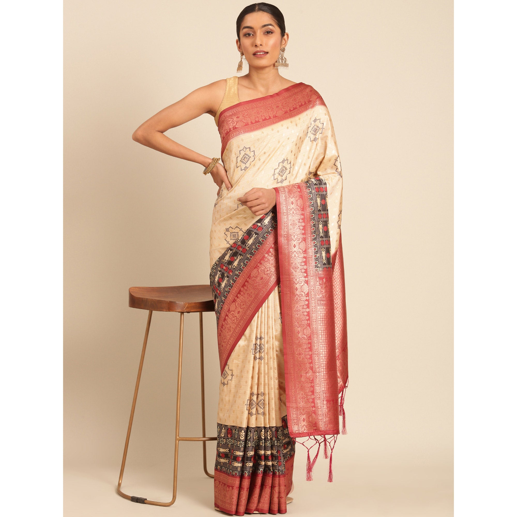 Cream Woven Banarasi Silk Saree With Tassels