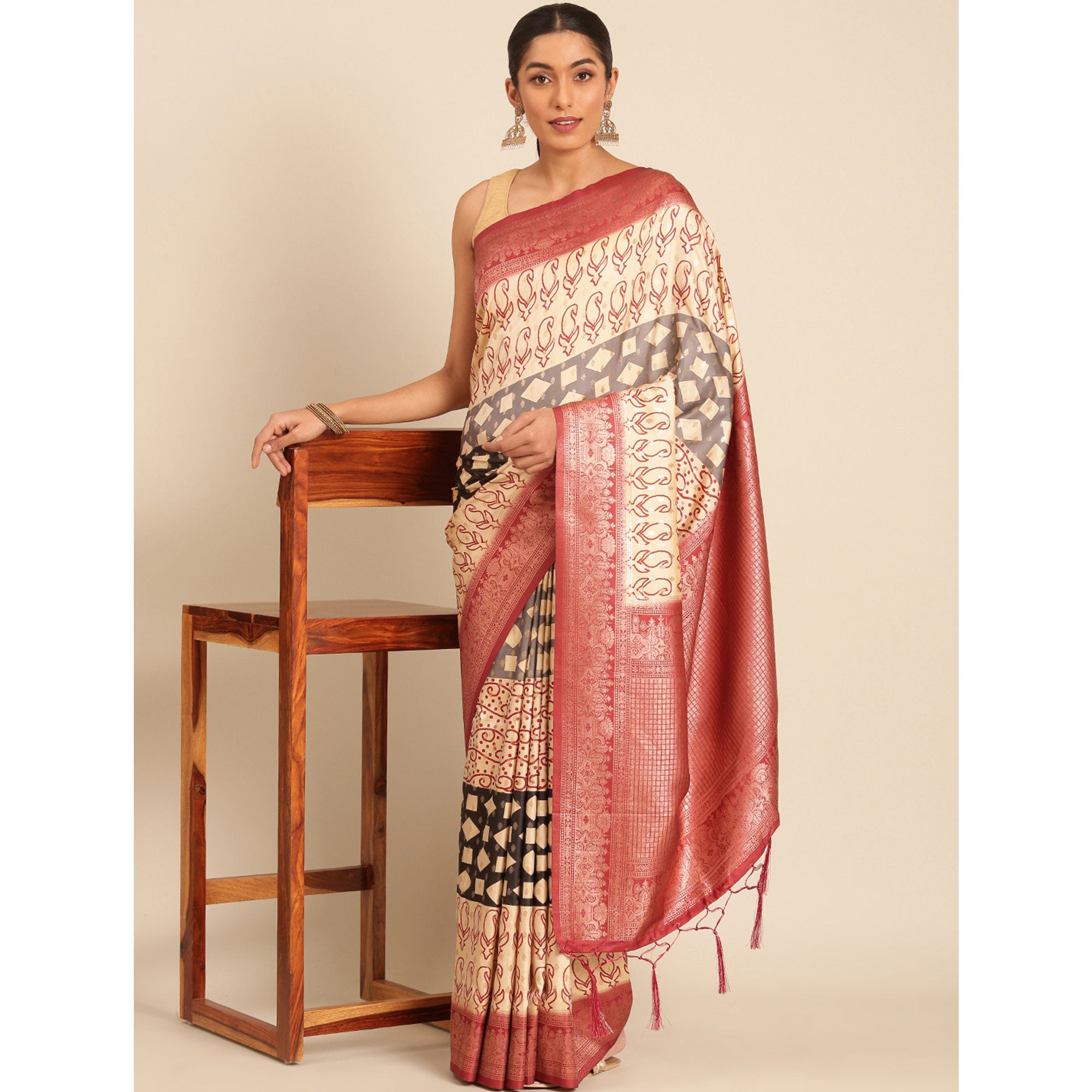 Cream Woven Banarasi Silk Saree With Tassels