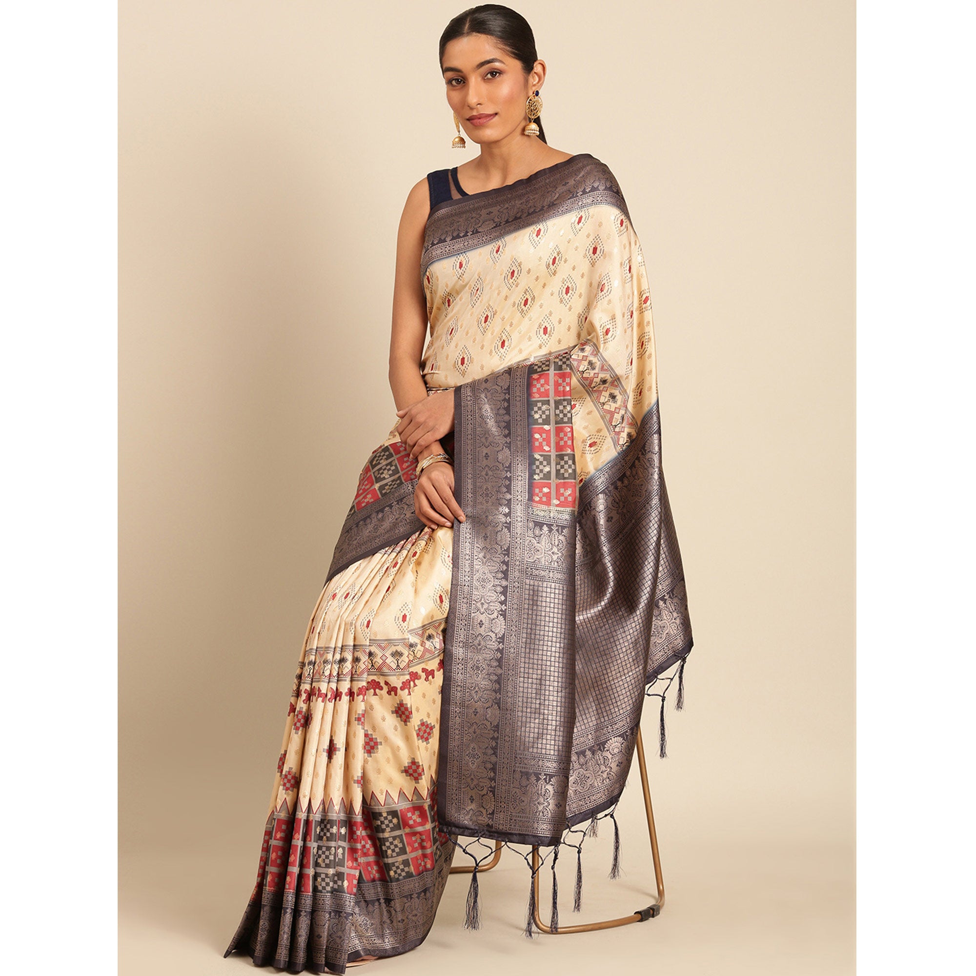 Cream Woven Banarasi Silk Saree With Tassels