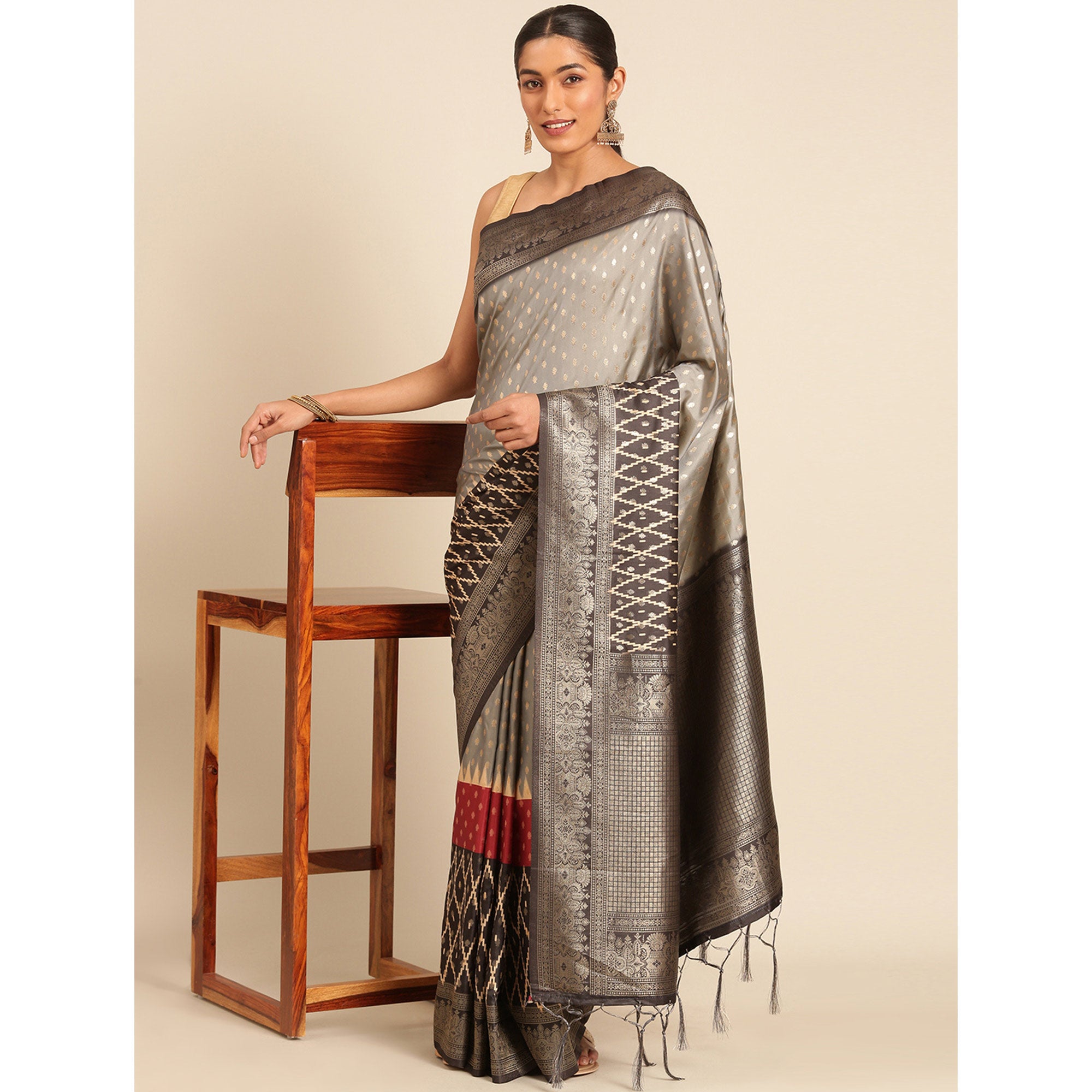 Grey Woven Banarasi Silk Saree With Tassels