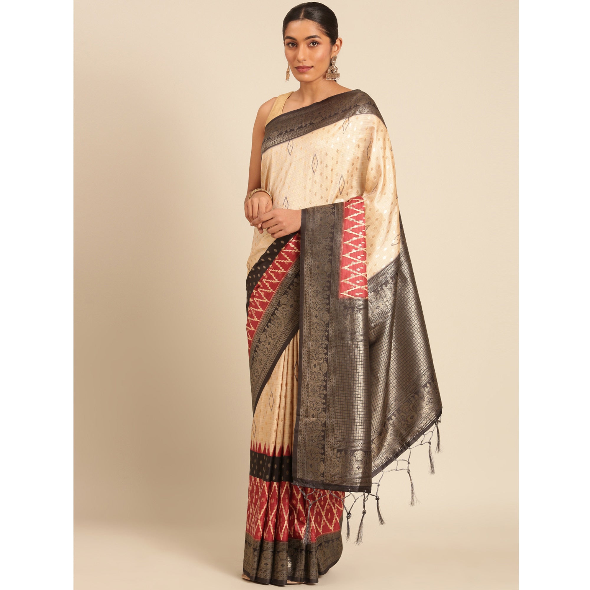 Cream Woven Banarasi Silk Saree With Tassels