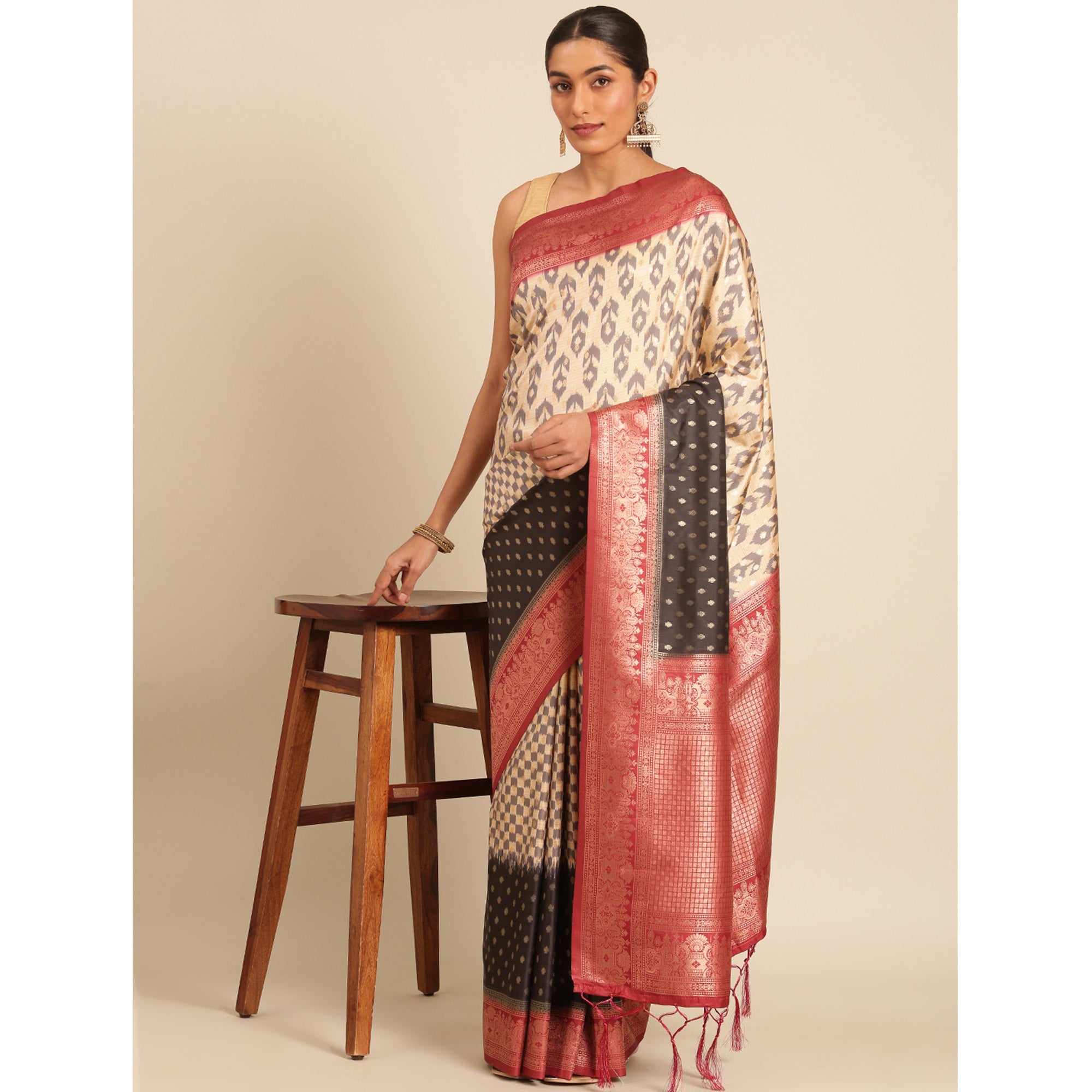 Cream Woven Banarasi Silk Saree With Tassels