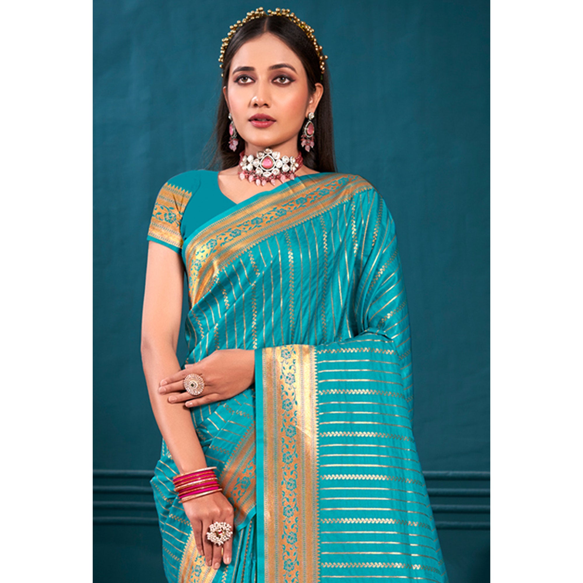 Turquoise Woven Paithani Raw Silk Saree With Tassels