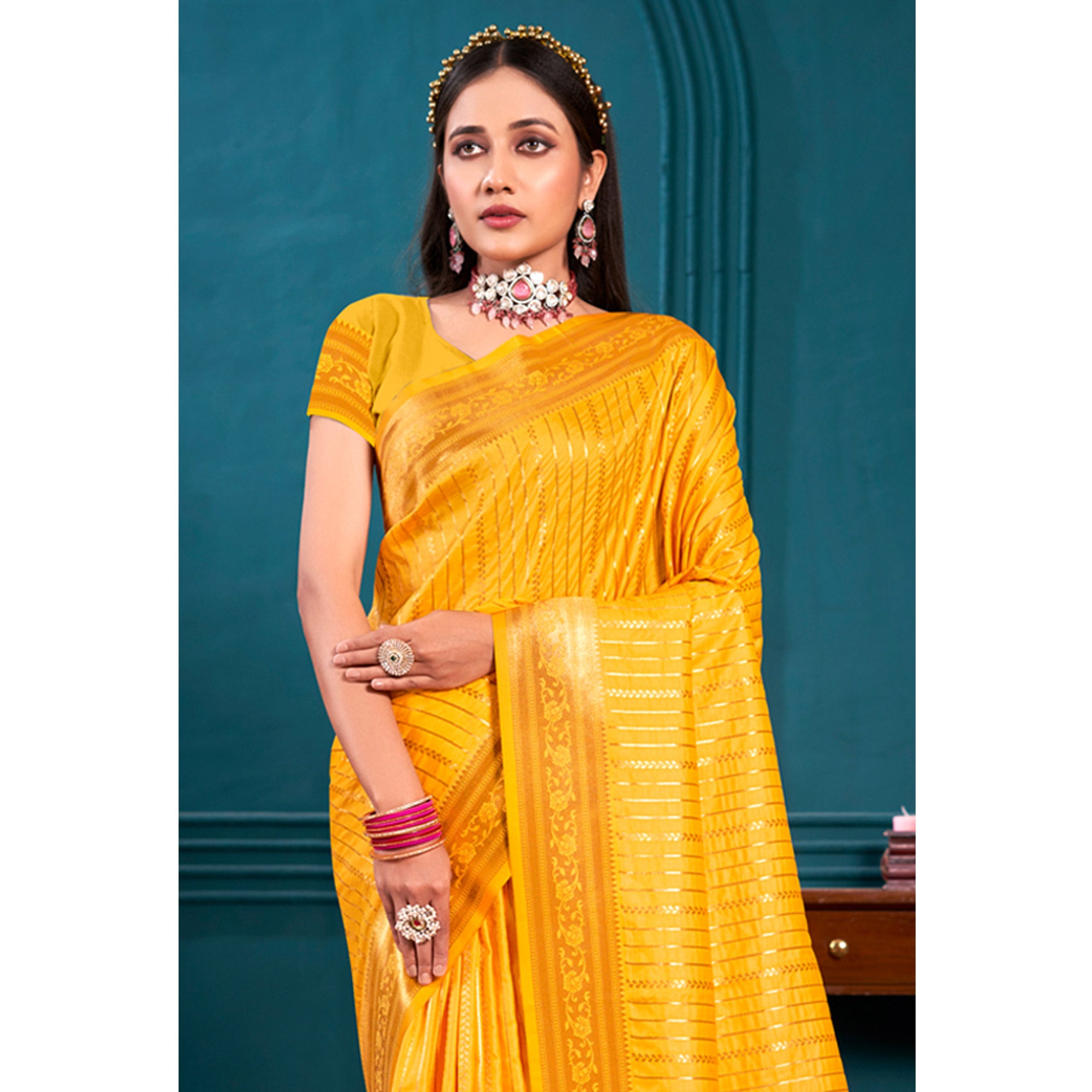 Mustard Woven Paithani Raw Silk Saree With Tassels