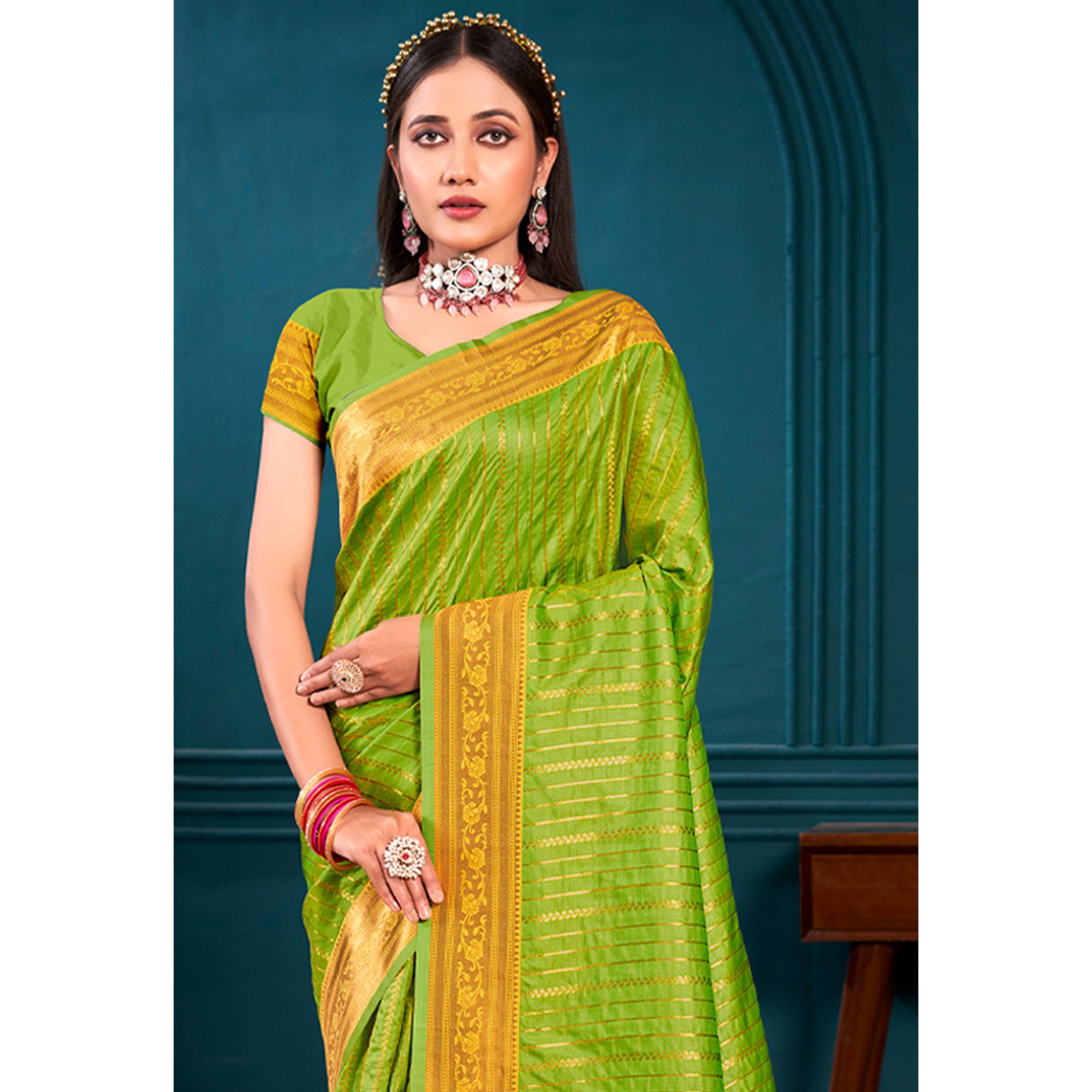 Parrot Green Woven Paithani Raw Silk Saree With Tassels