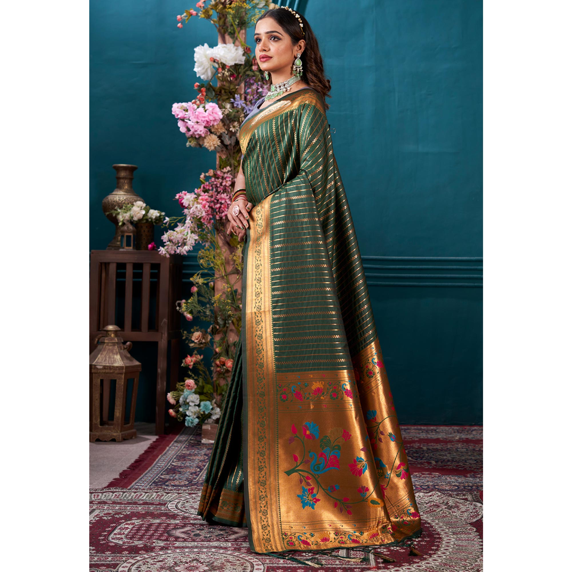 Dark Green Woven Paithani Raw Silk Saree With Tassels