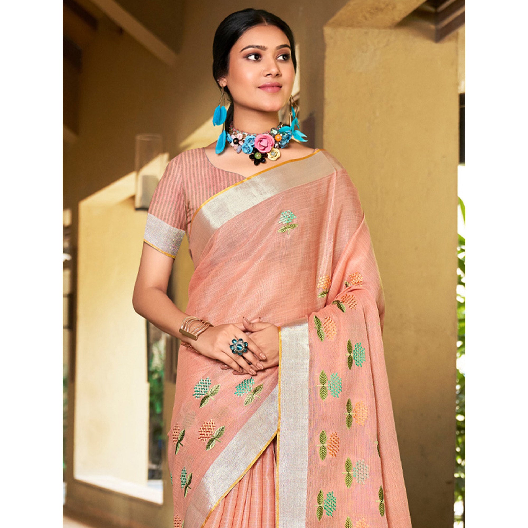 Peach Floral Embroidered Linen Saree With Tassels