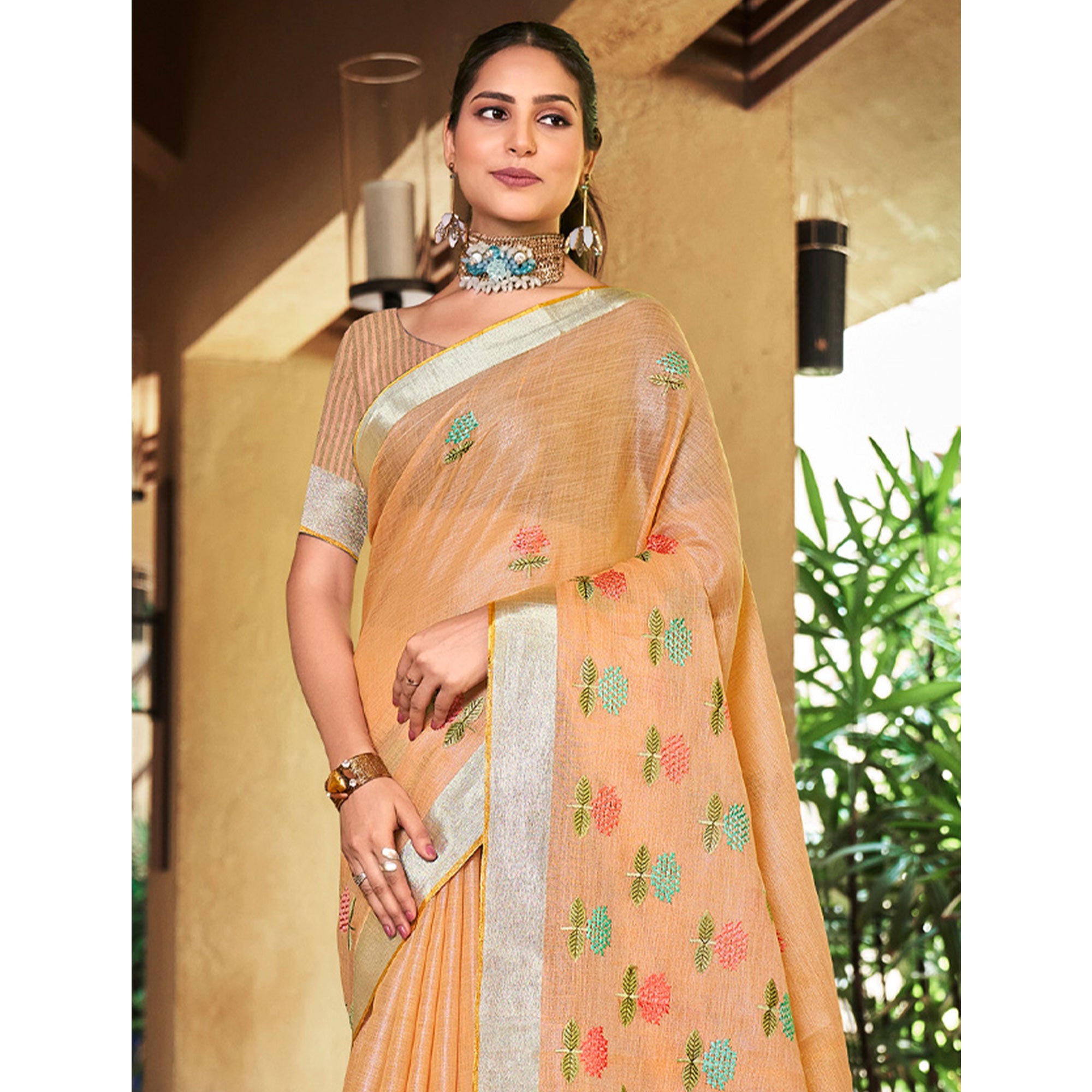 Orange Floral Embroidered Linen Saree With Tassels