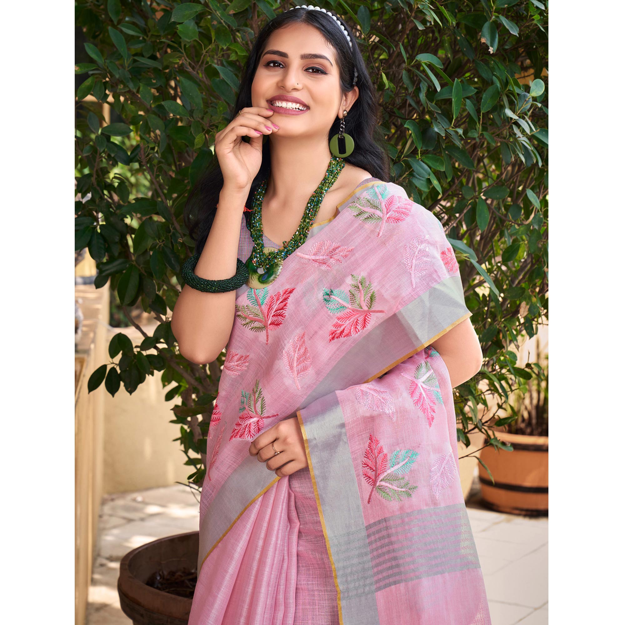 Pink Floral Embroidered Linen Saree With Tassels